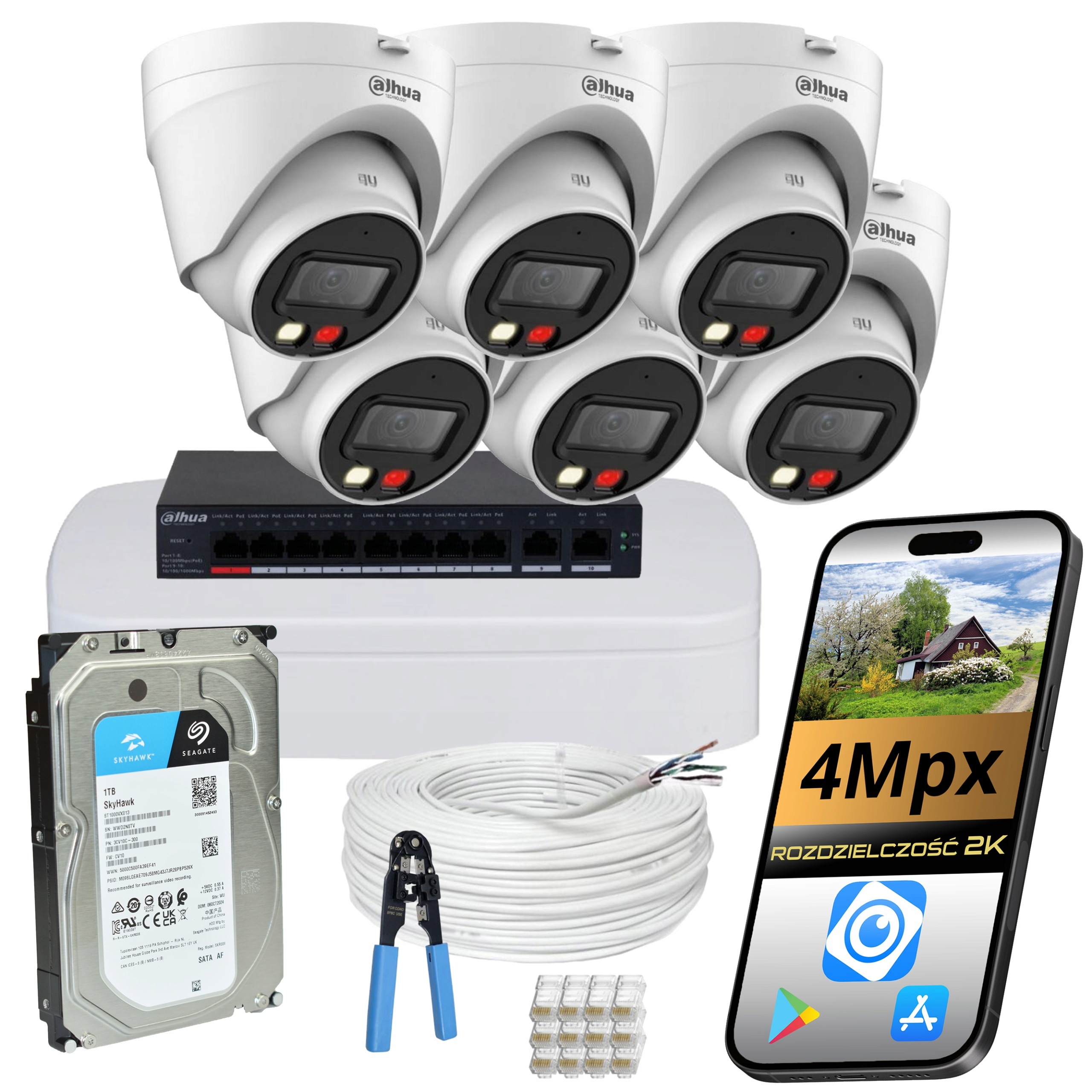 Monitorovací Set Dahua 6 Kamier 4MPX Ip PoE Rekordér Disk Aplikácia