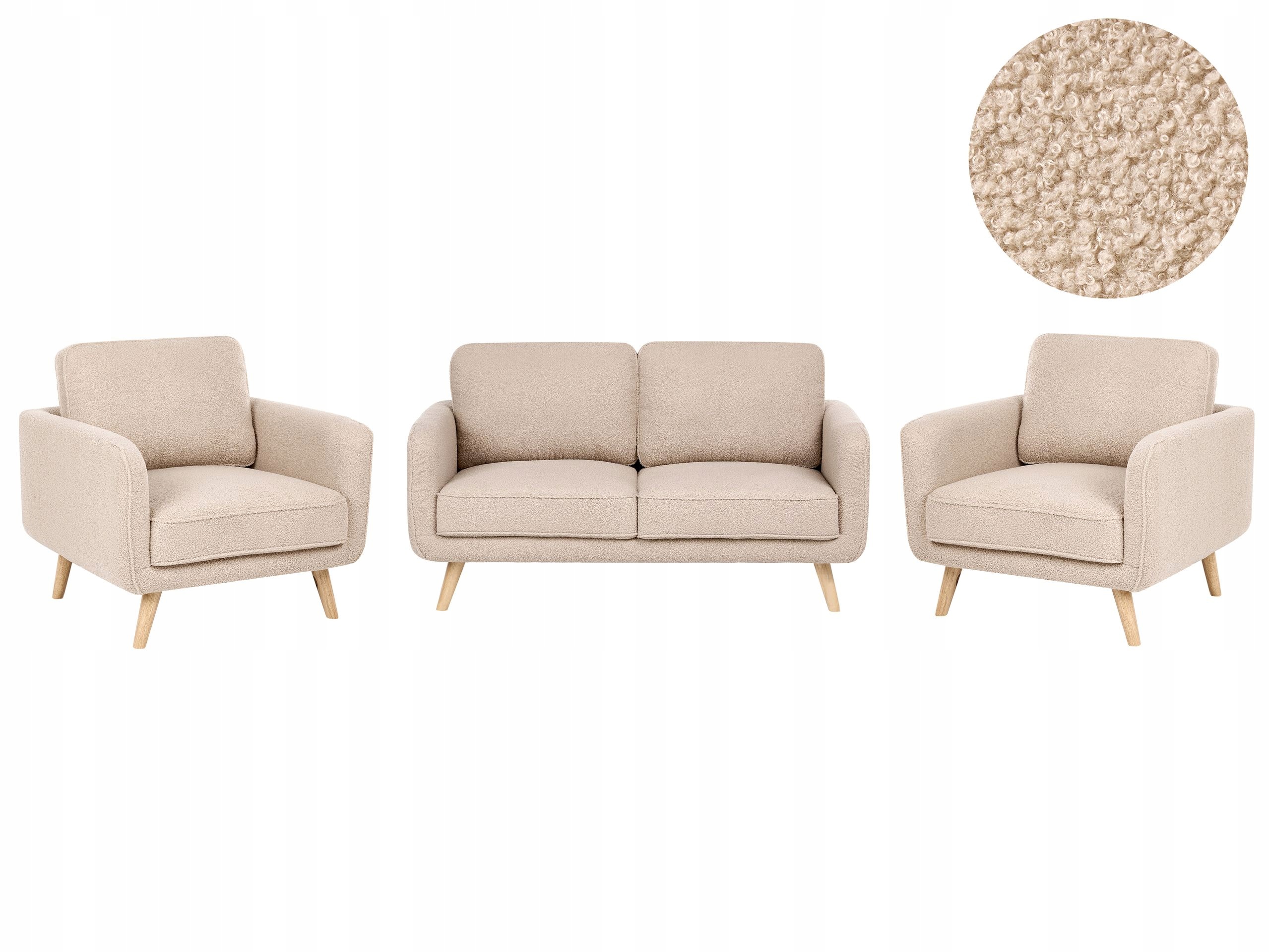 Komplet wypoczynkowy dla 4 osób sofa i fotele boucle beżowy