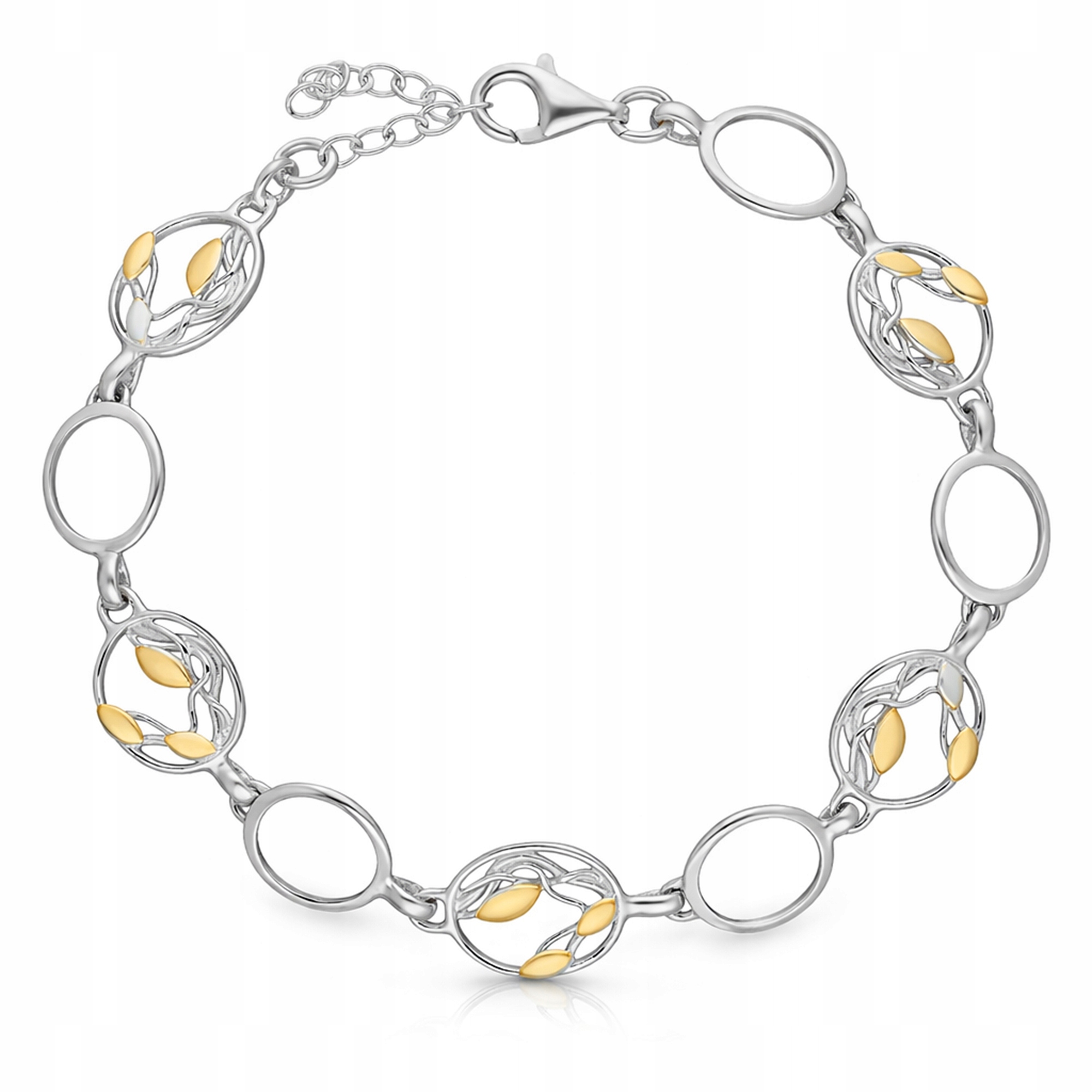 Stříbrný náramek 925 Pozlacená Dvoubarevný Listy Ažurová Dámská Regulace