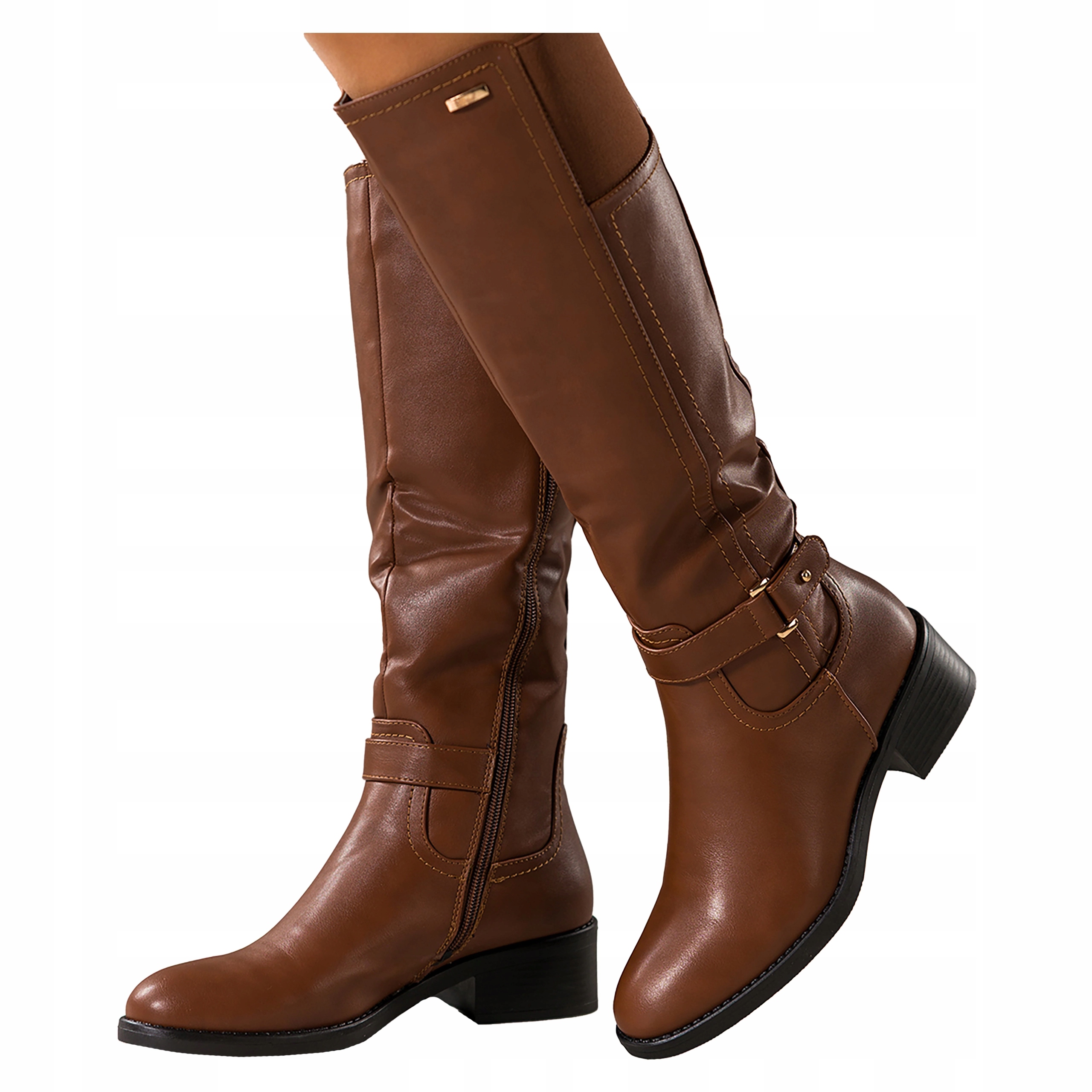 Camelové Kozačky Dámské Pohodlné Nízké Klocek Pásek S Ozdobou Modne r 39