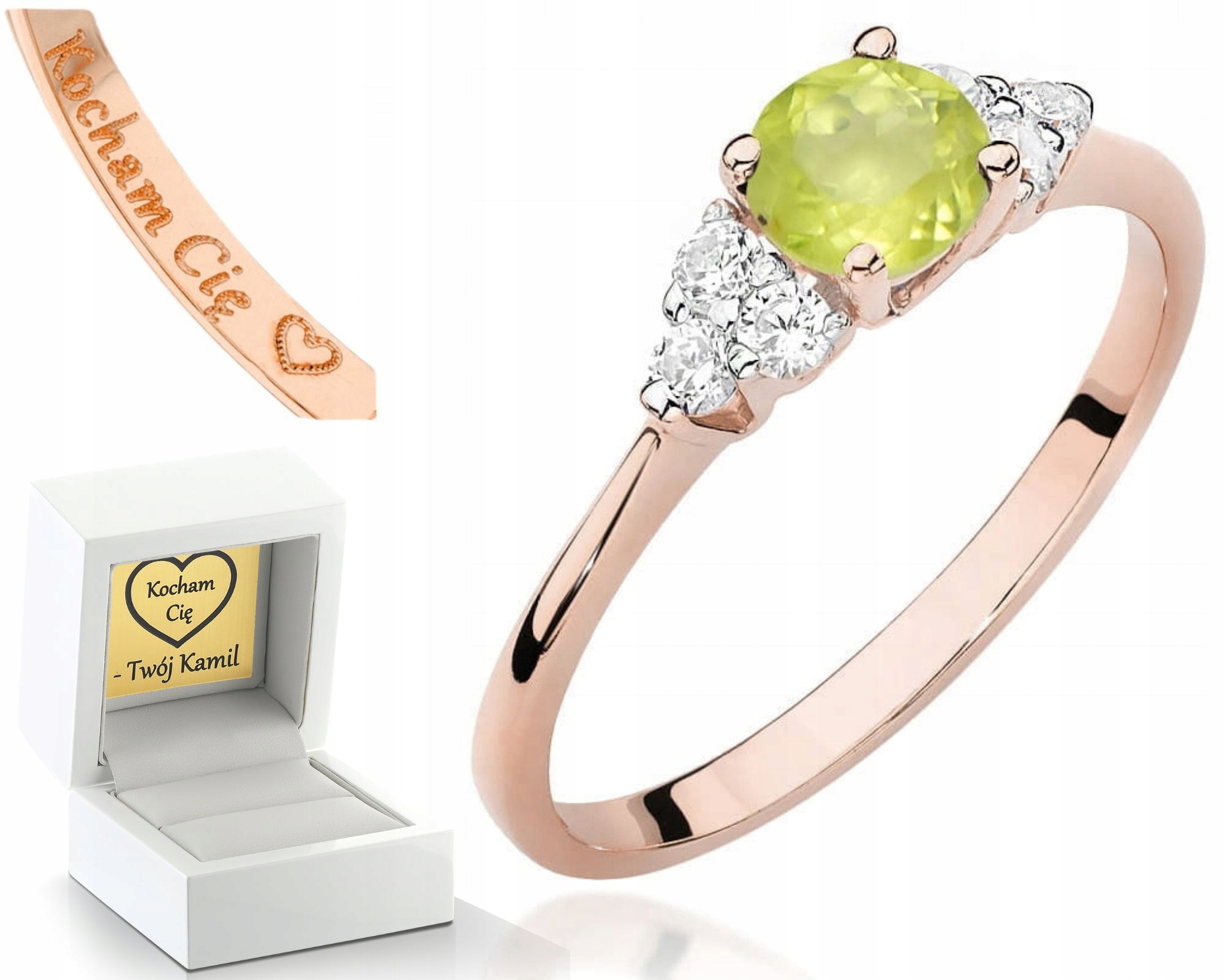Růžové Zlato Prstýnek S Olivínem A Brilianty 585 Gravírování Bonus Dárek