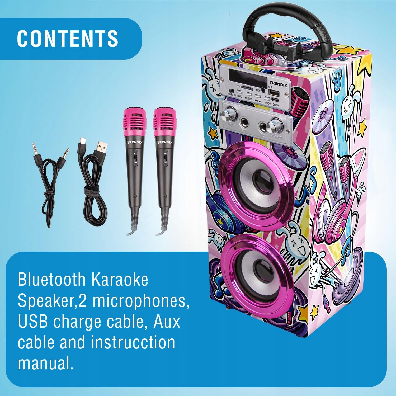 TRENDIX Karaoke Dla Dzieci Różowy Zestaw Z 2 Mikrofonami USB Bluetooth SD — miniatura 3