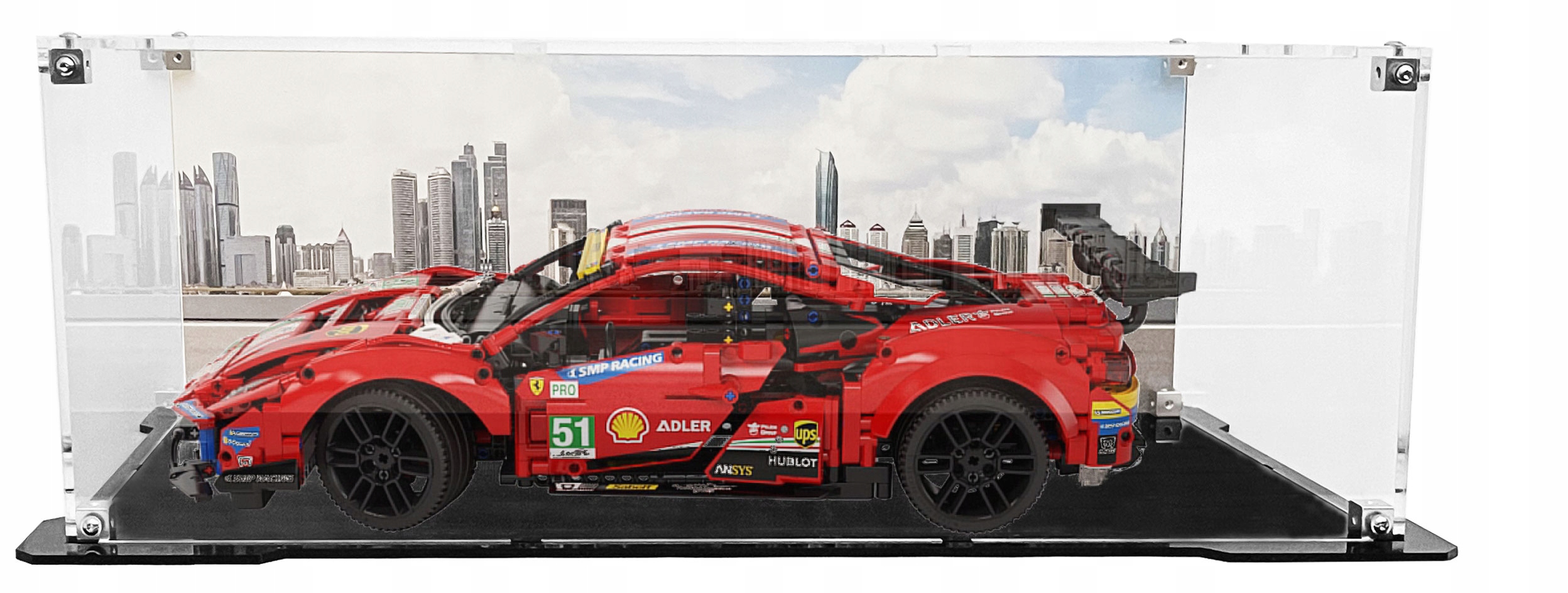 Vitrína s černou základnou a pozadím pro sadu Lego 42125 Technic Ferrari 488