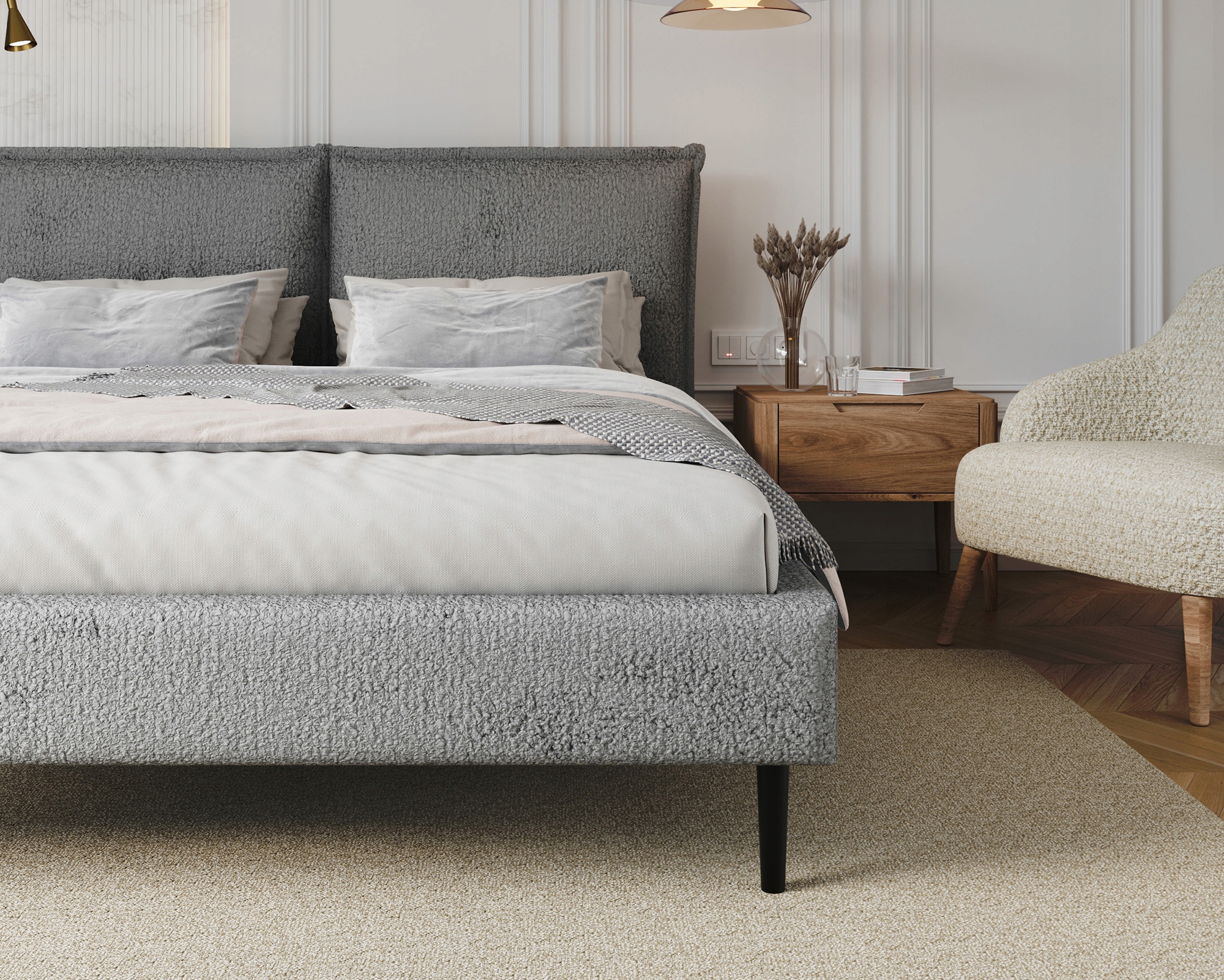 Čalouněná postel 140x200 s dřevěným roštem, skandinávská Avena