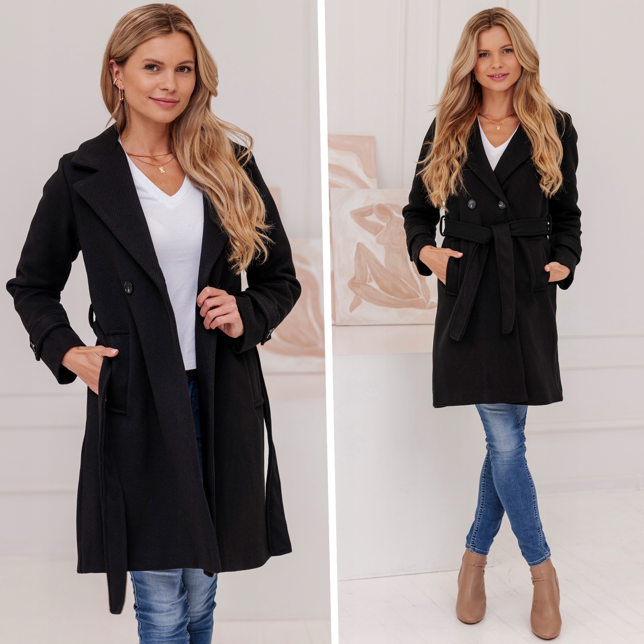 PRĄŻKOWANY PŁASZCZ Z PASKIEM PRZEJŚCIOWY JESIENNY ZIMOWY DAMSKI Z WEŁNĄ XXL Kolor wielokolorowy