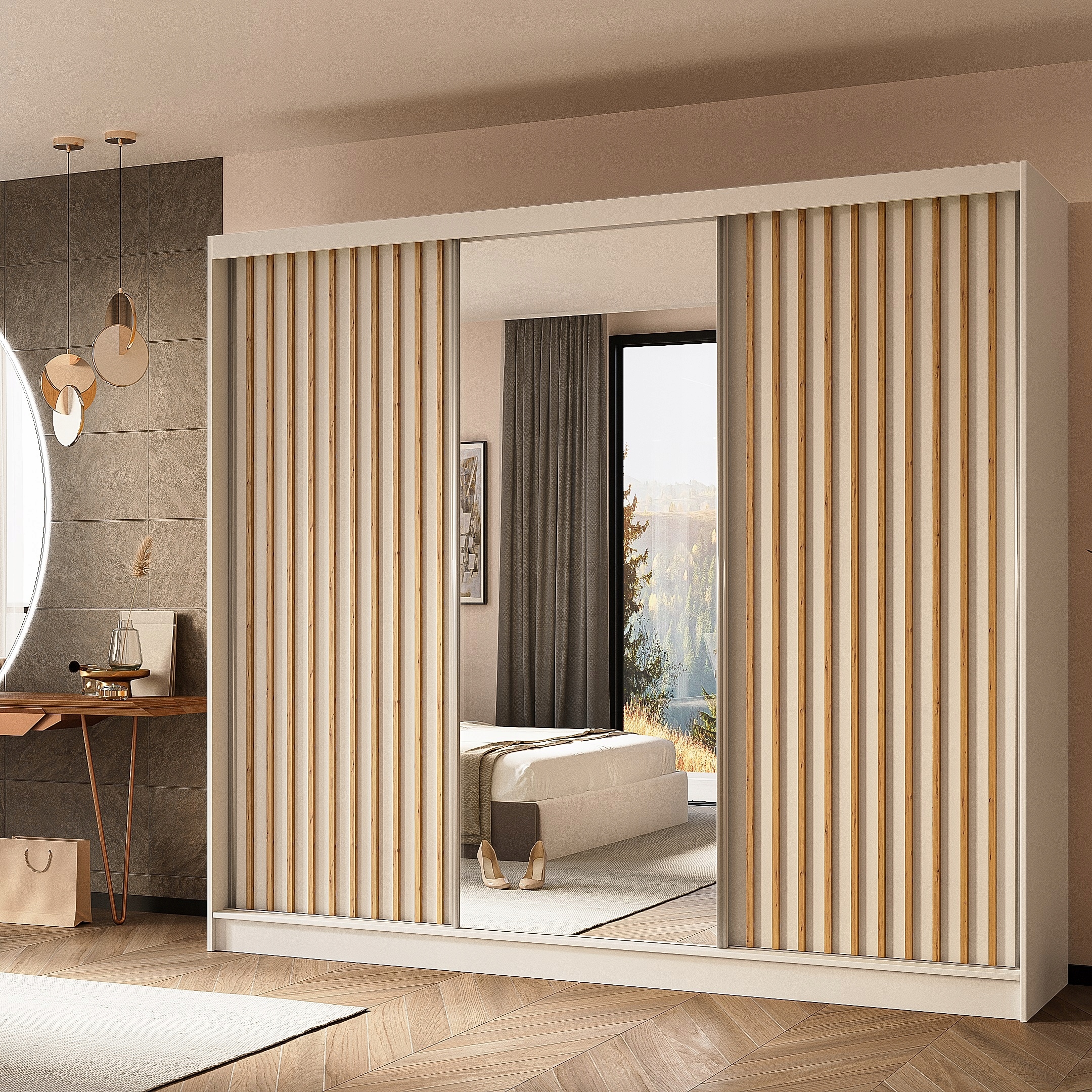 Skříň skříň Lamello 240 cm Skříň se zrcadlem Posuvná bílá