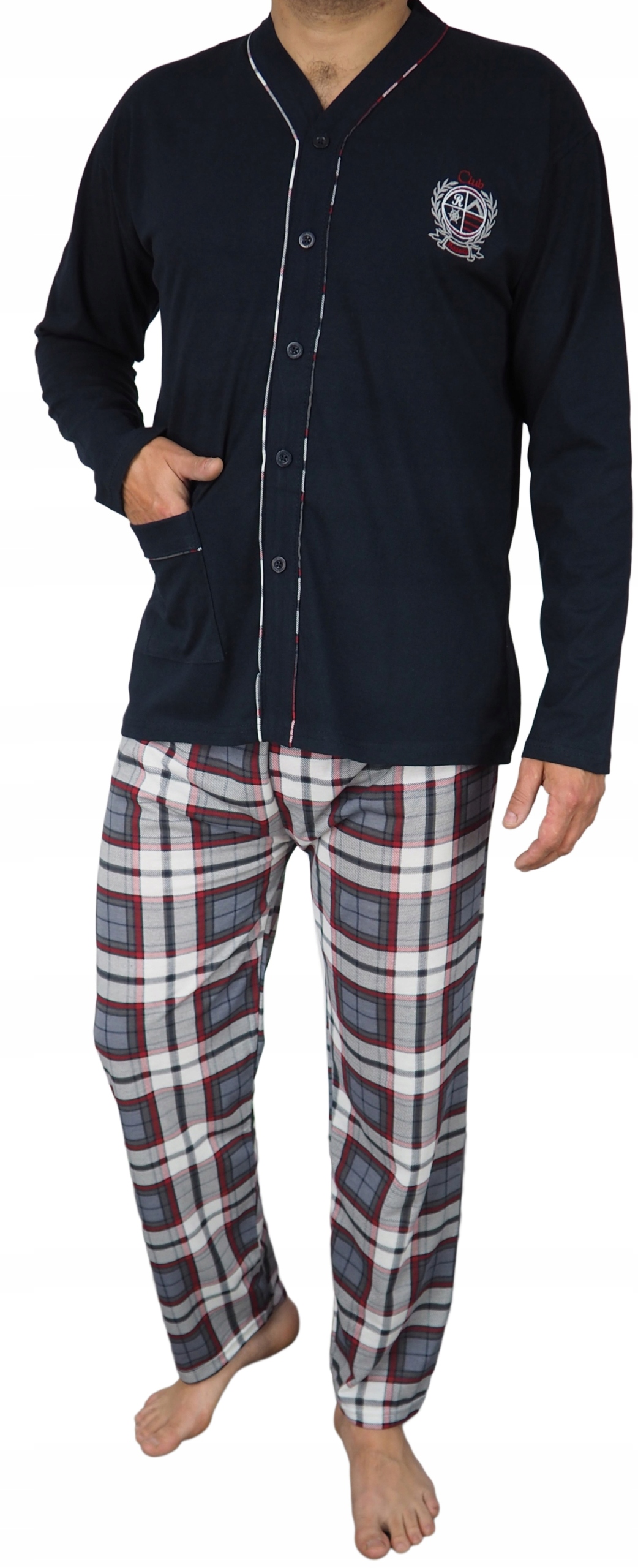 PIŻAMA MĘSKA Rozpinana kratka do szpitala L Wzór dominujący kratka