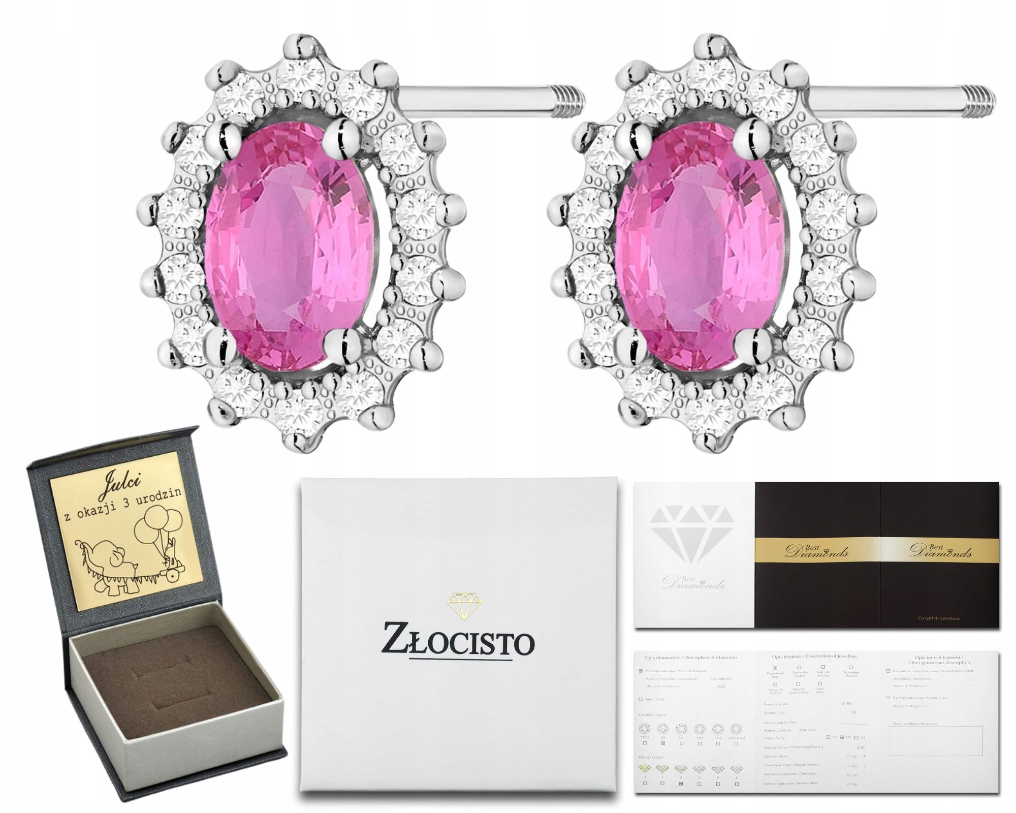 Bílé Zlato Náušnice S Růžovým Safírem A Diamanty, Zlatá Šroubovací Tyčinka