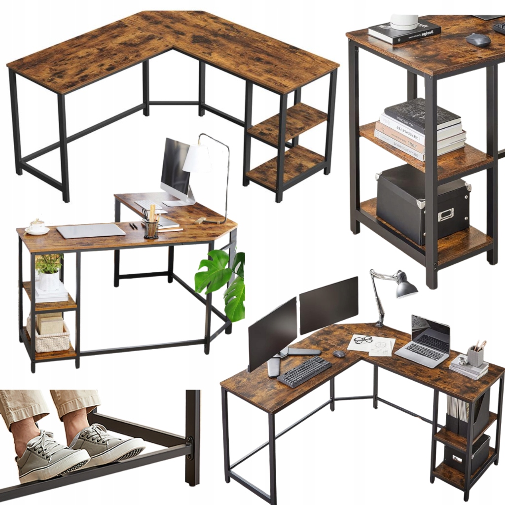 Rohový stôl s policami a regálom Herný počítačový stôl Loft