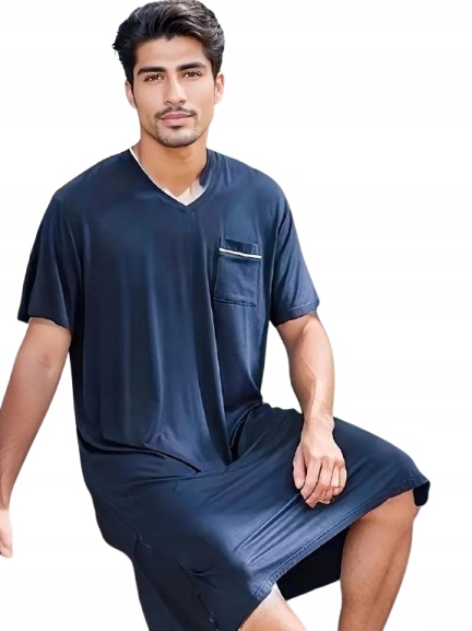 Pánská Noční Košile Viskóza Tmavě Modrá Košile Dlouhé Tričko Na Spaní XXL