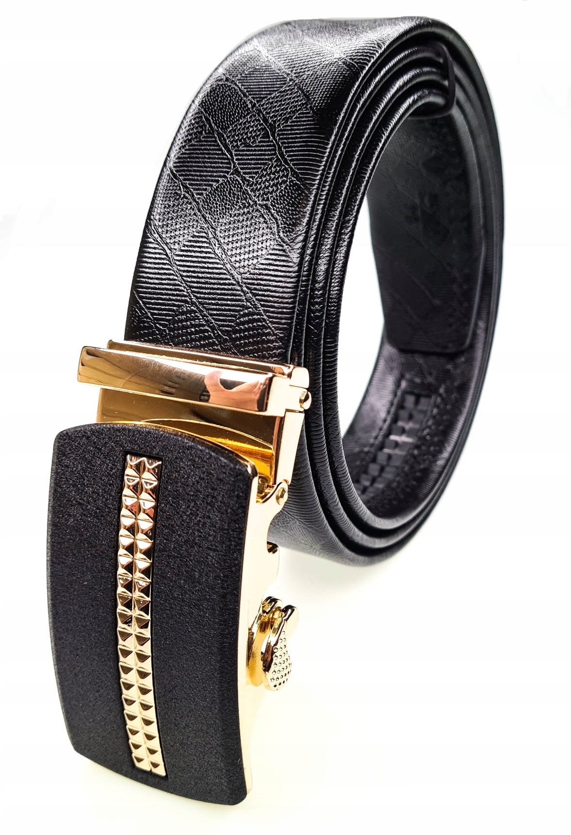 Luxusní Černý Pánský Kožený Opasek Automatický Geometrický Pásek 115 CM