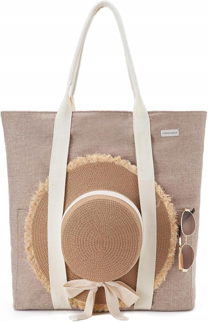 Dámská plážová taška s zipem, béžová, s úchytem na klobouk