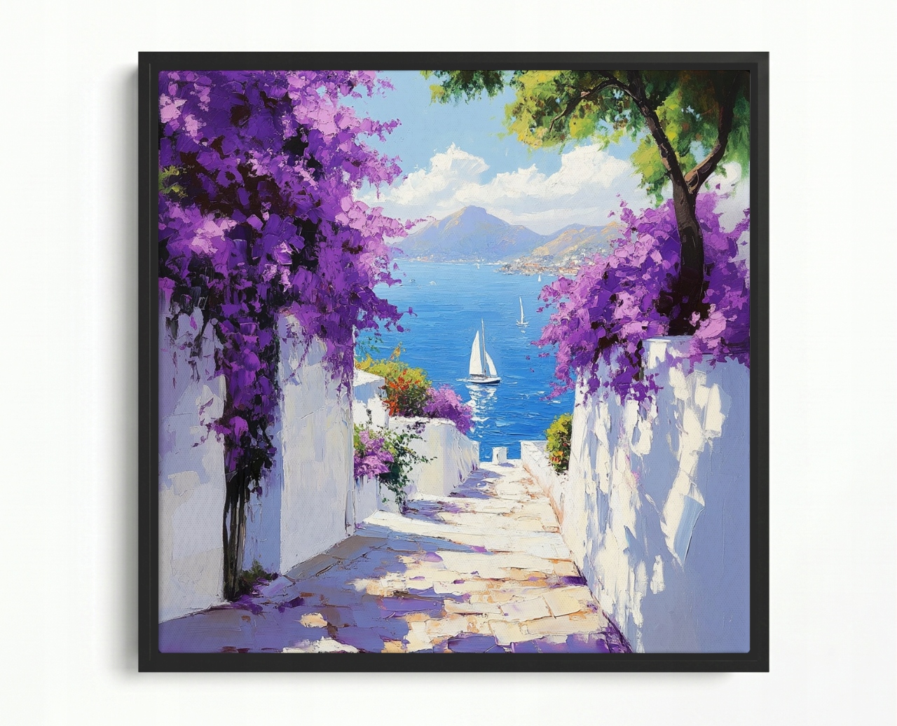 Obraz Rám Americký Box Řecko Santorini Ulička Moře Květiny Pohled 50x50