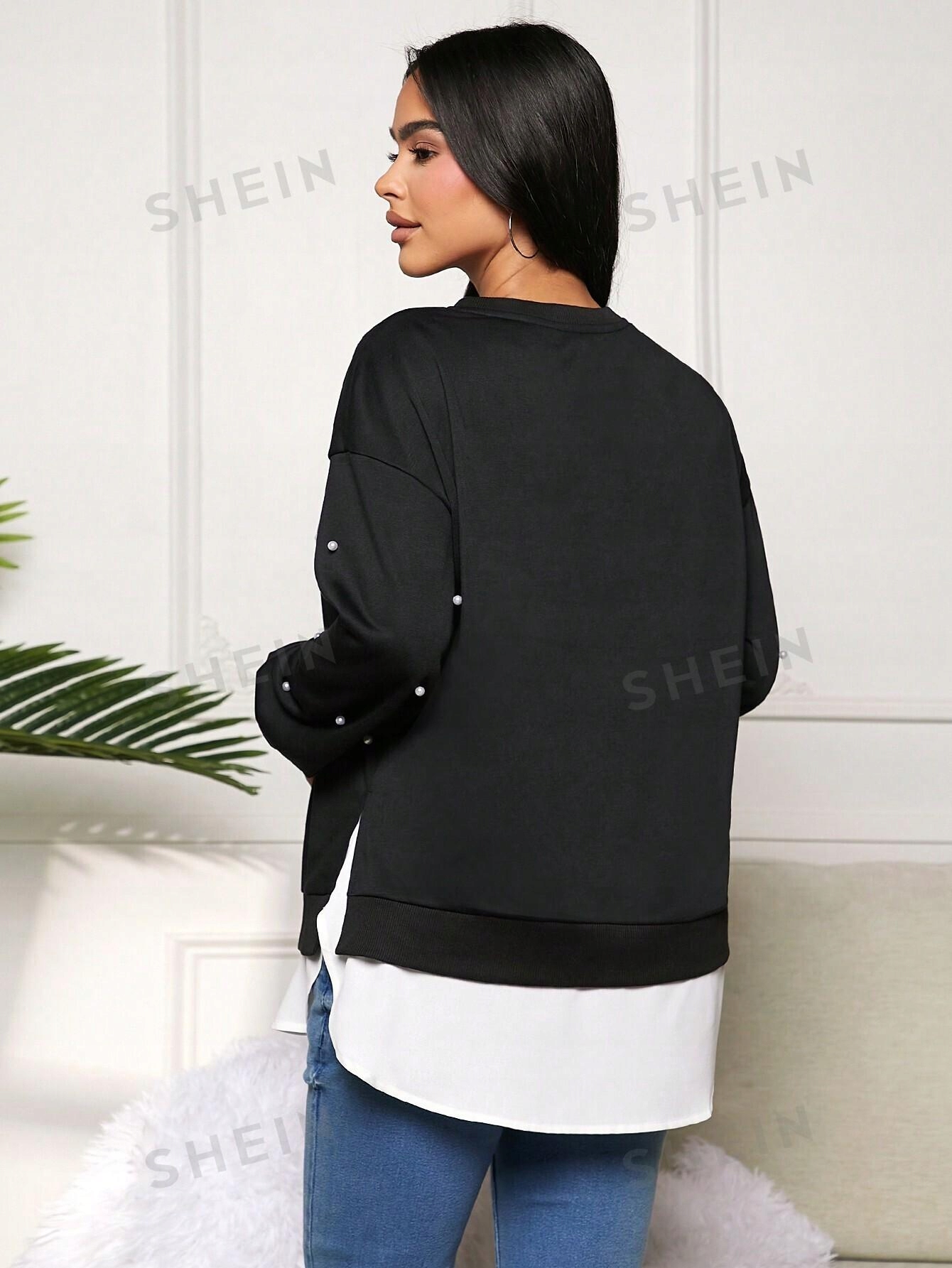 LUŹNA PEREŁKI OKRĄGŁY DEKOLT SHEIN 46 CIĄŻOWA CZARNA BLUZA BIAŁA KOSZULA Rozmiar 46
