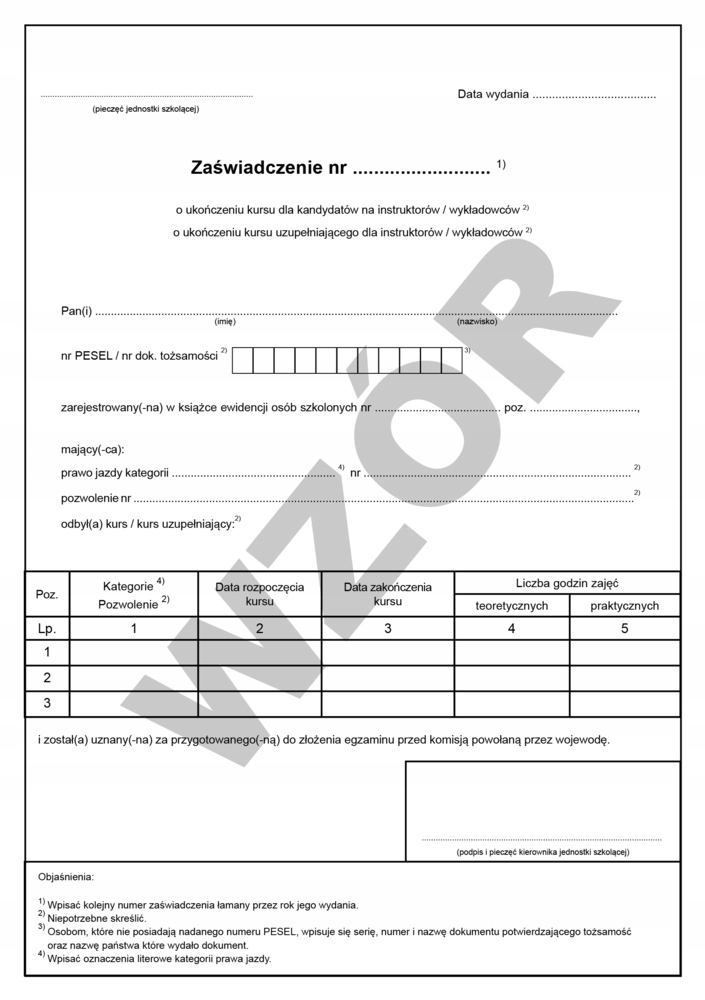 

Zaświadczenie o ukończeniu szkolenia. Druki Osk
