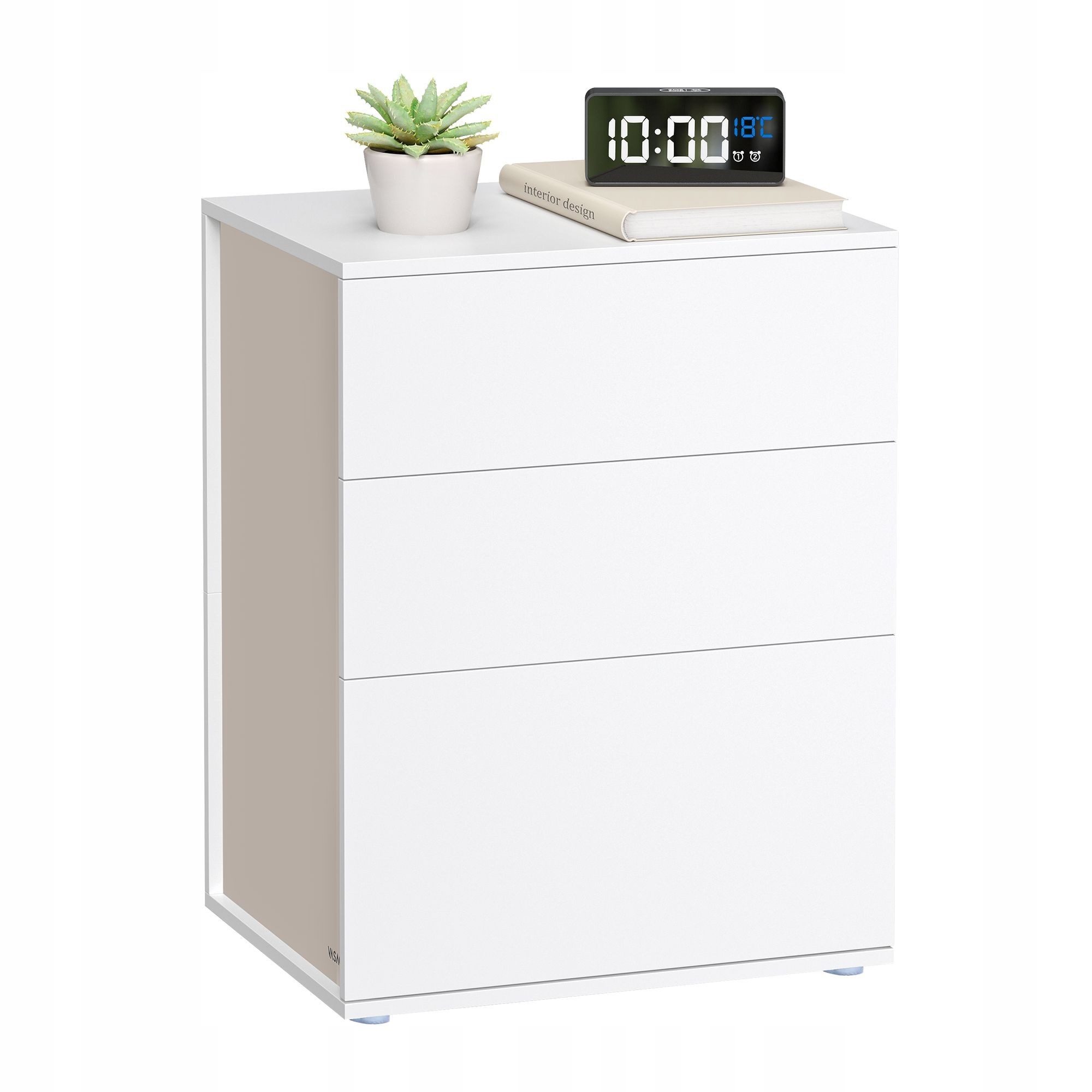 Bielo-béžová nočná skrinka s 3 zásuvkami, bočný stolík rôznych veľkostí