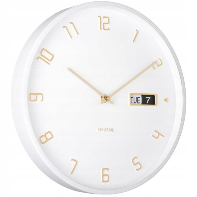 Biely nástenný hodinový strojček na batérie s dátumovkou do obývacej izby kuchyne Data Flip XX