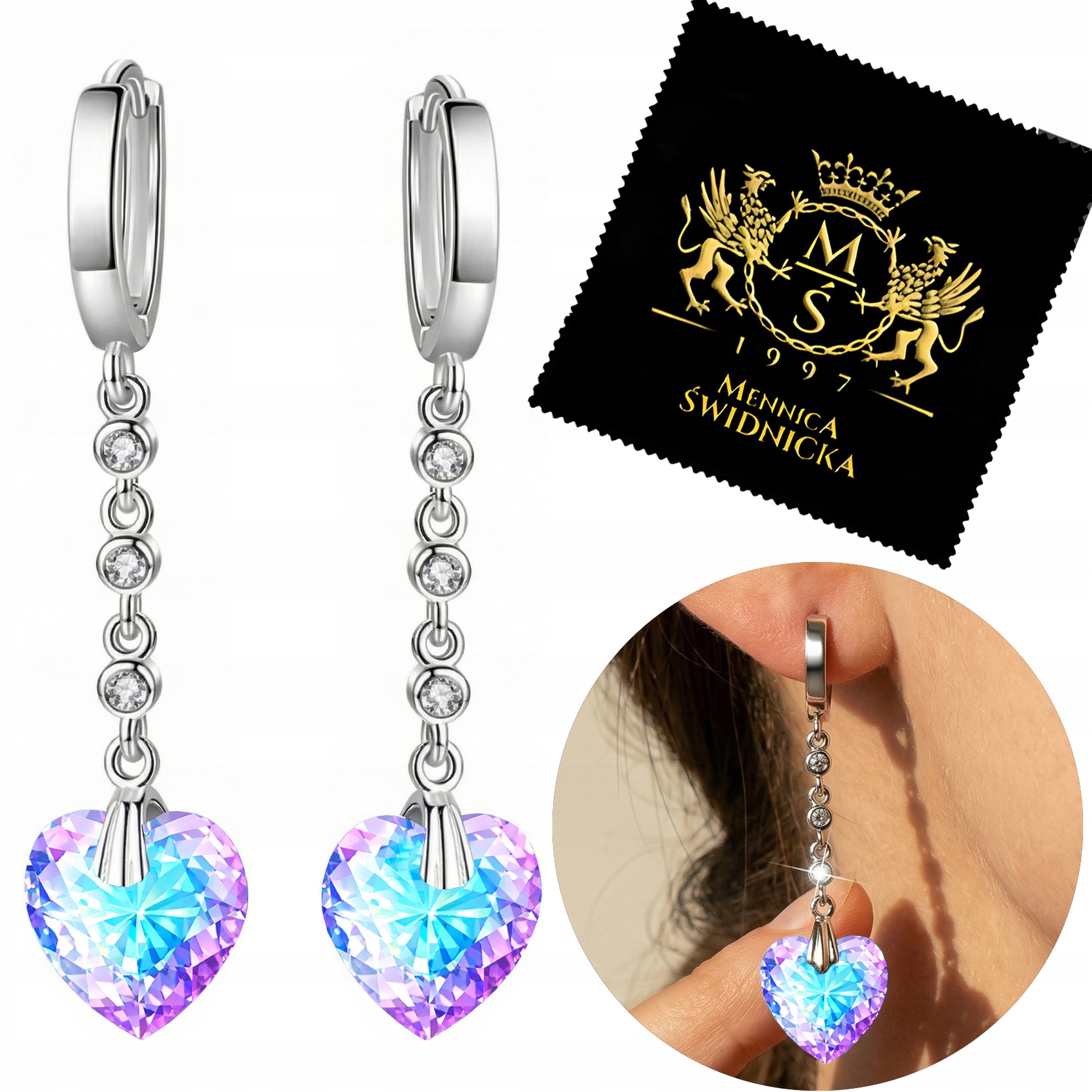 Dlouhé Náušnice Stříbro 925 Srdce Závěsné Zirkony Srdce Anglické zapínání