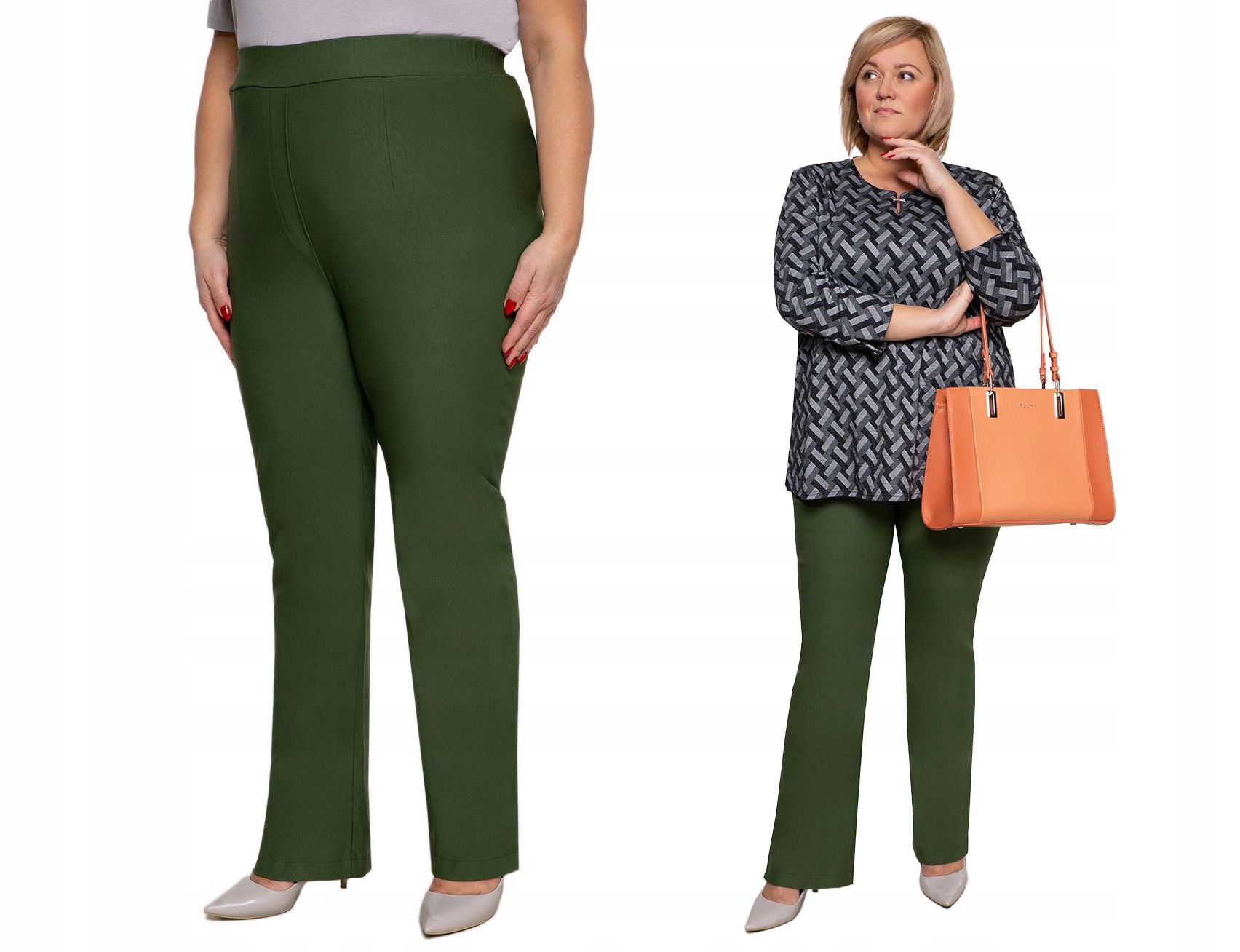 Jednoduché kalhoty s velmi vysokým pasem, olivová barva 64