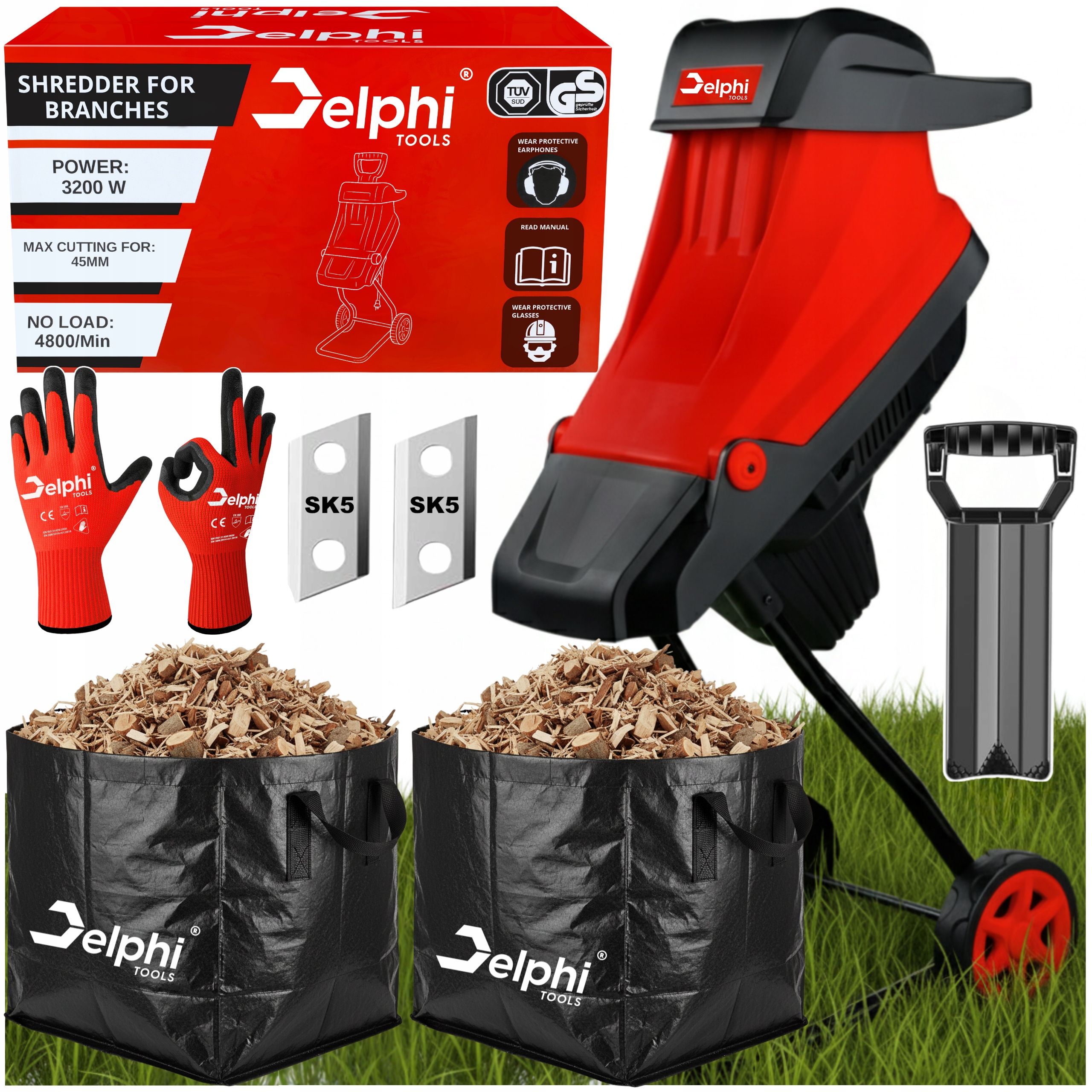 Drtič Větví Elektrický Drtič 45 mm 3200 W 2x Koš