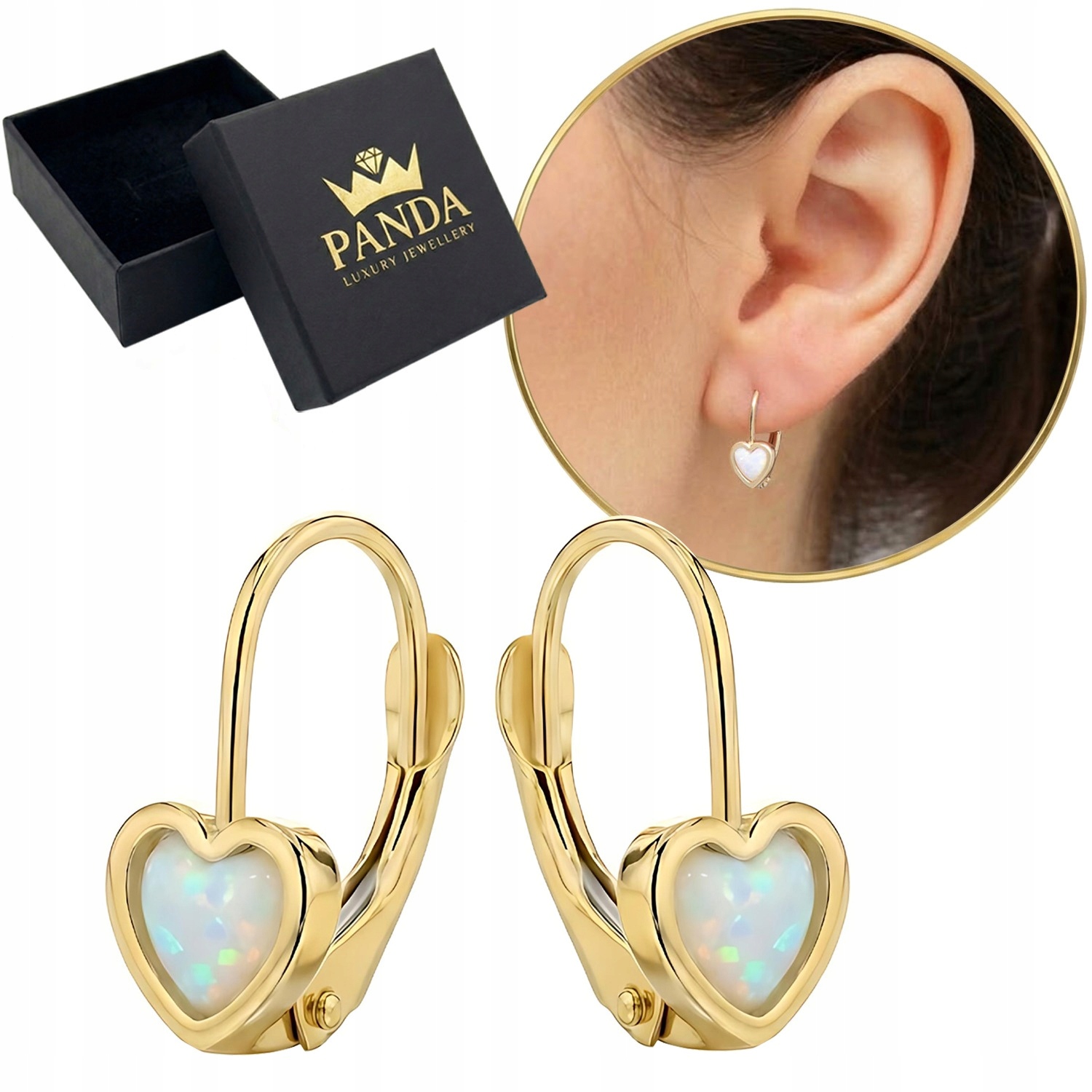 Zlaté Náušnice Srdce Srdíčka 585 14K s opálem Dárek pro dívku