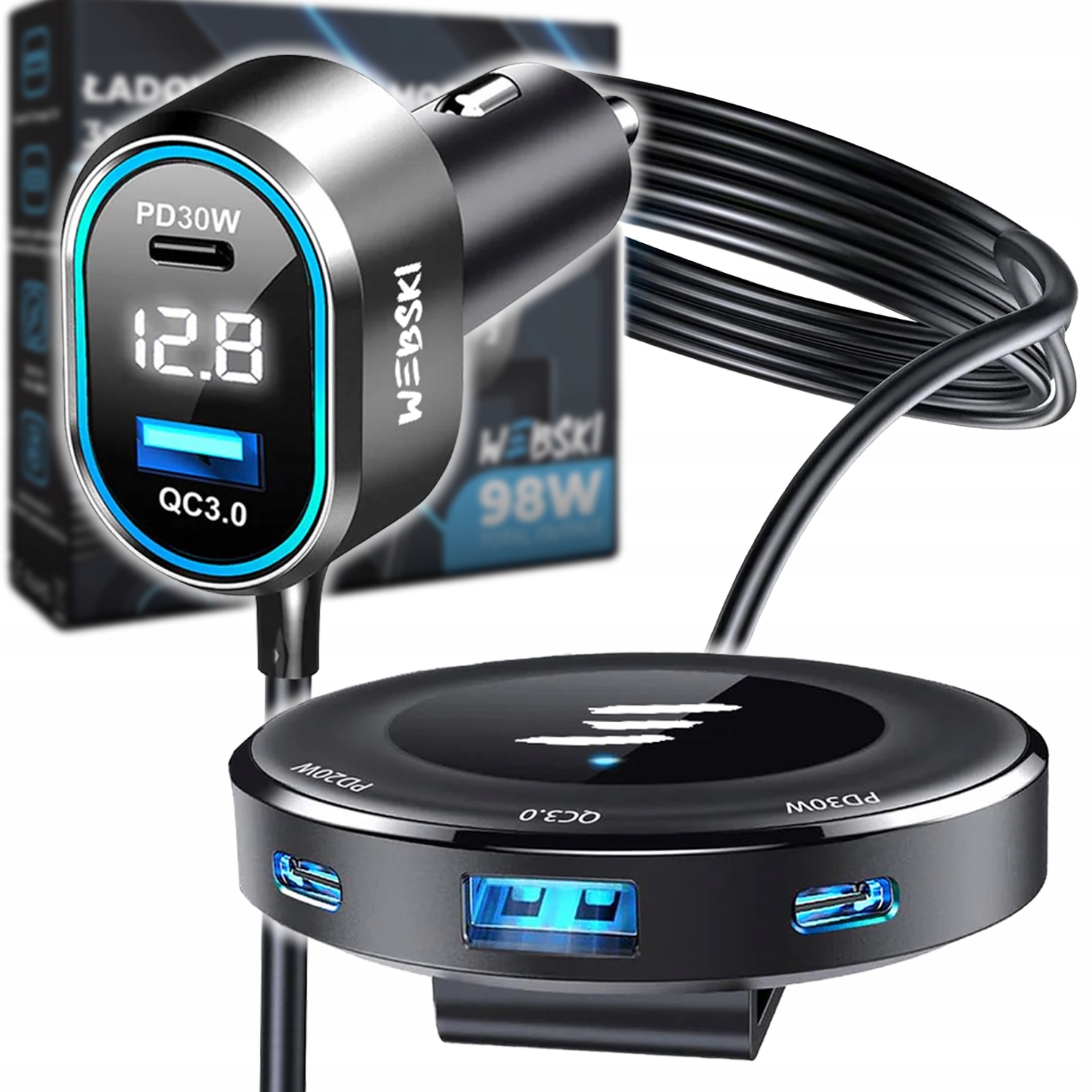 Automobilová Nabíječka Rozdělovač Klip Pro Spolujezdce 98W 2xUSB 3xUSB-C LCD