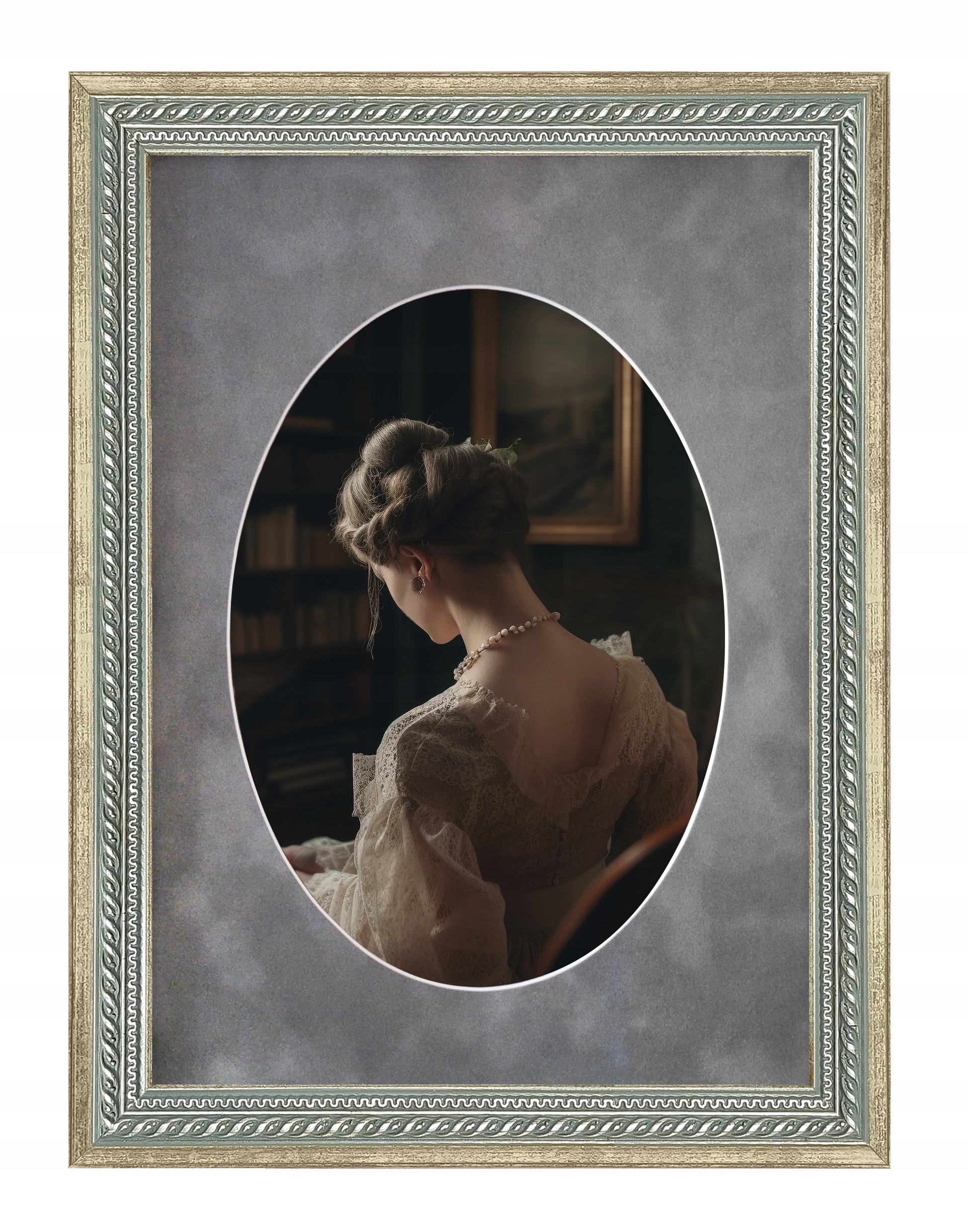 Rámeček Harry stříbrný 30x40 Passepartout šedý velur Oval 21x30 dřevěný