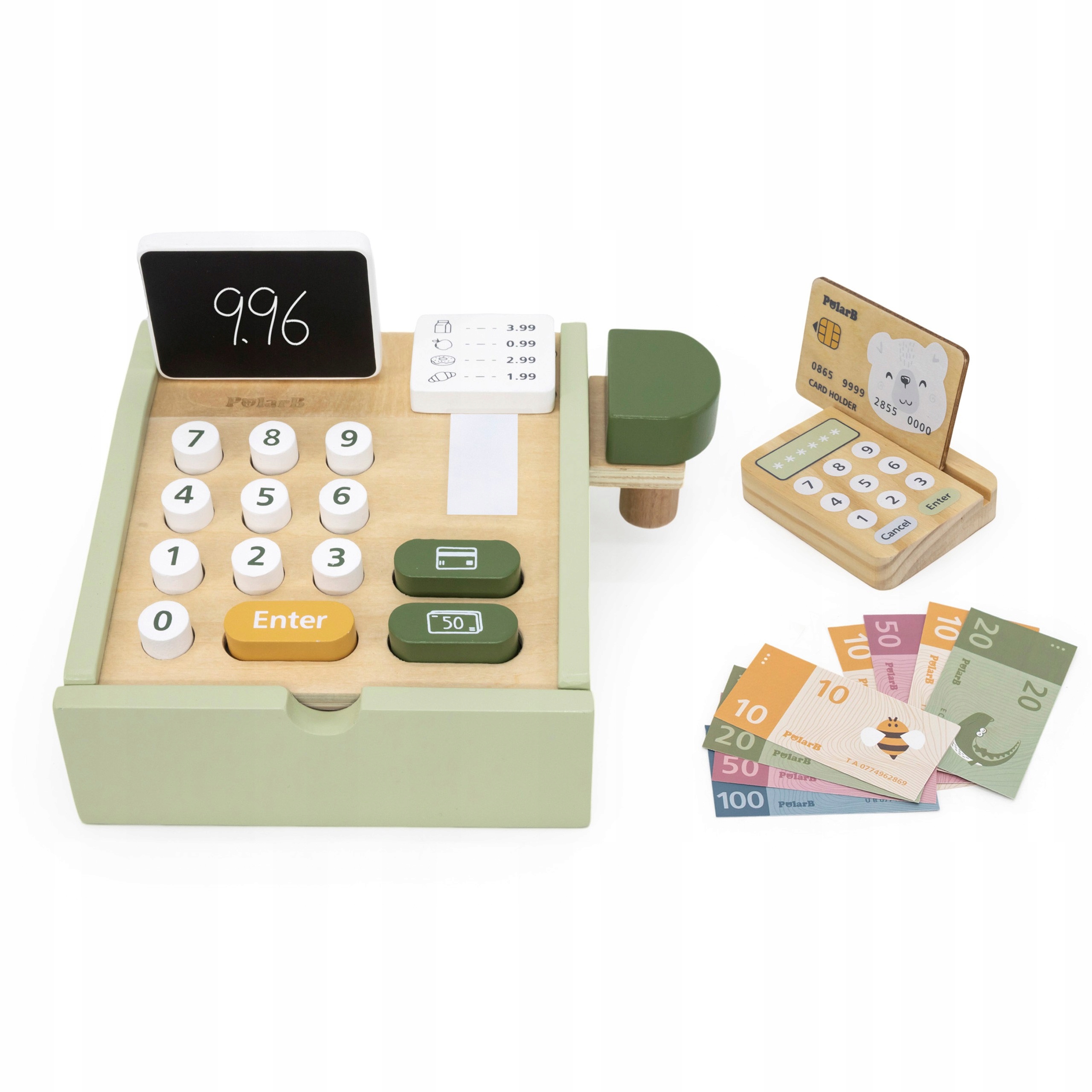 VIGA PolarB DREWNIANA KASA SKLEPOWA ZIELONA TERMINAL PŁATNICZY PIENIĄDZE Wiek dziecka 3 lata +