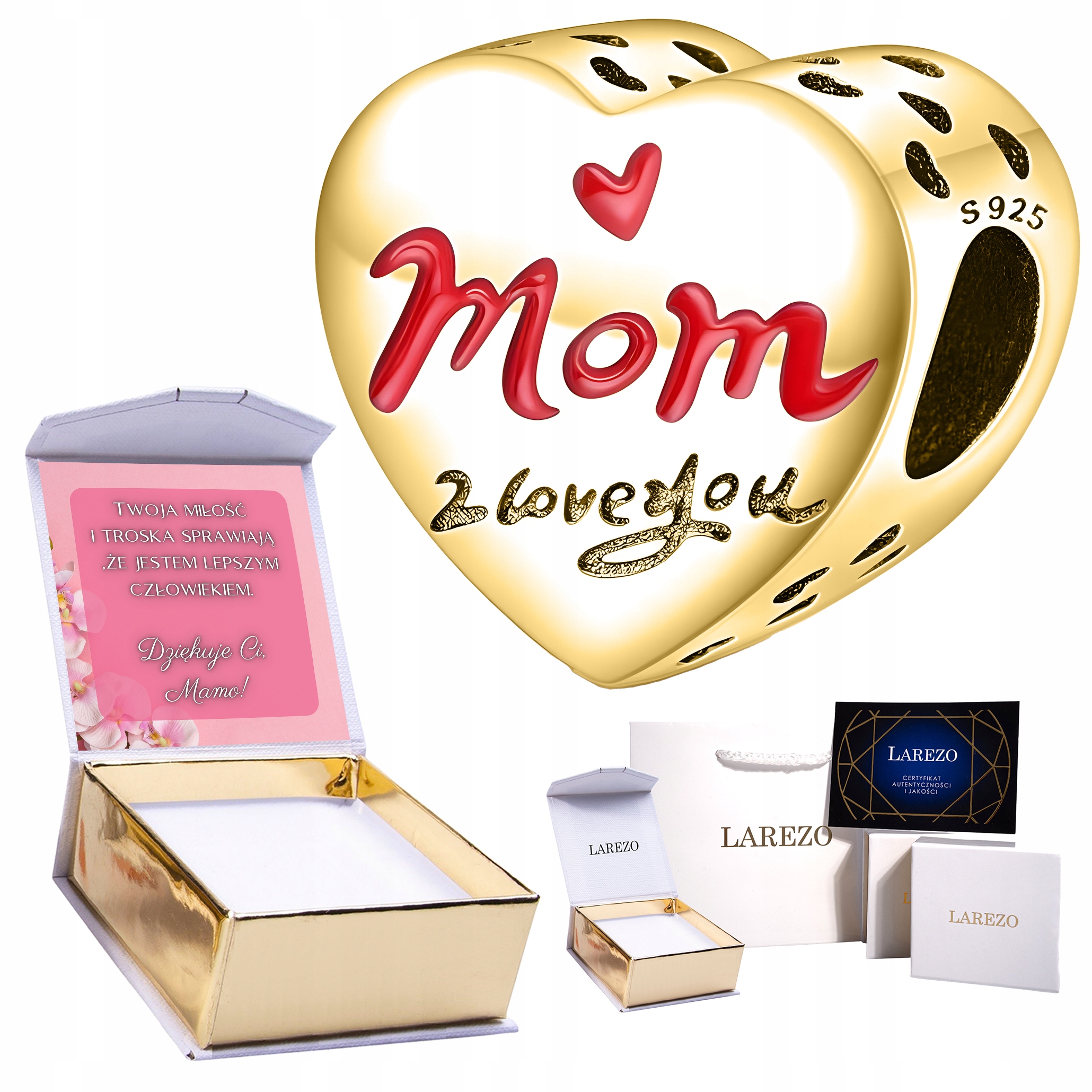 Zlatý Charms Srdce Miluji tě Milovaná maminko Mom I Love You in Heart Potisk