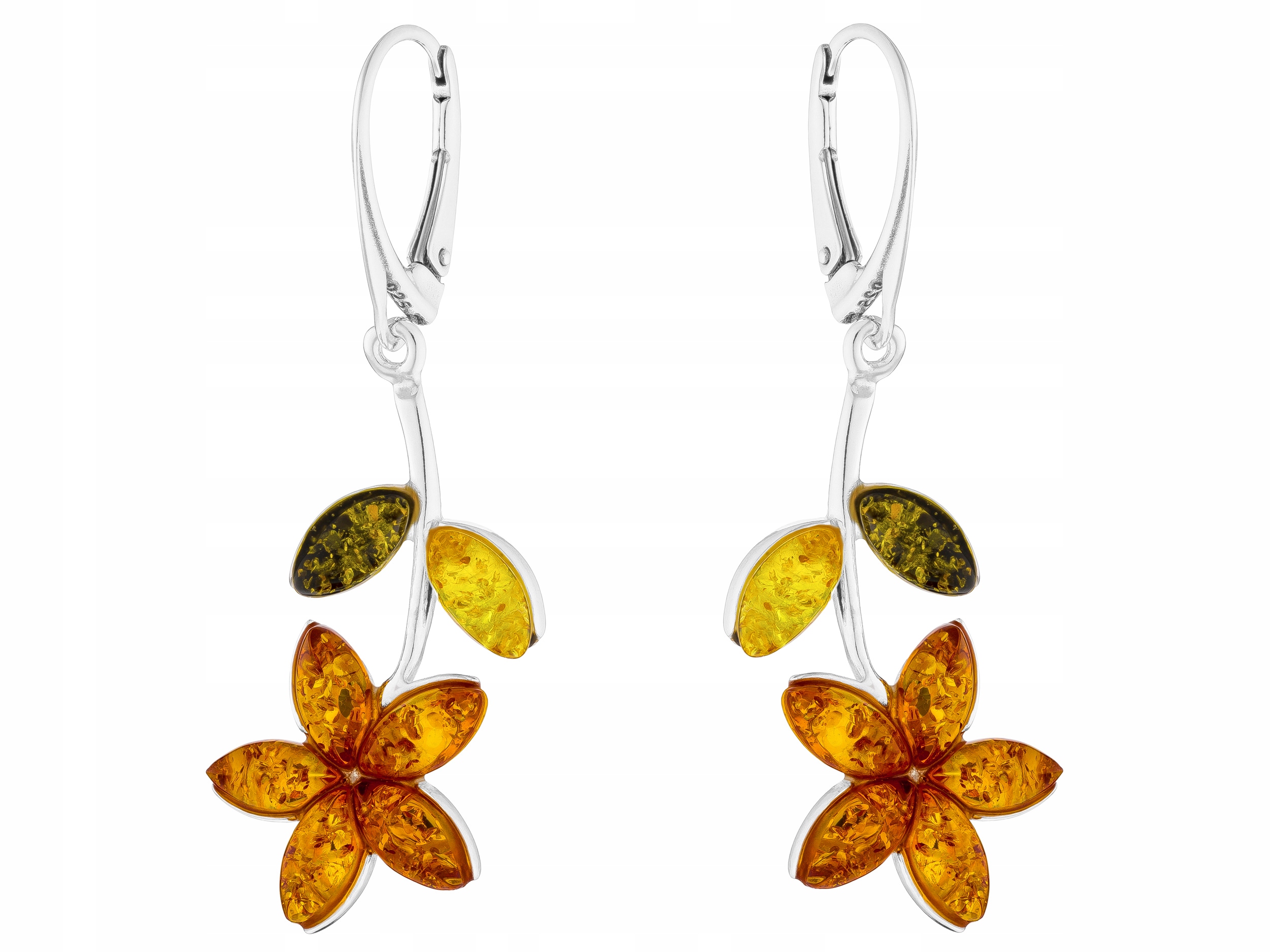 Stříbrné Náušnice Závěsné květiny s jantarem Anglické zapínání Květiny