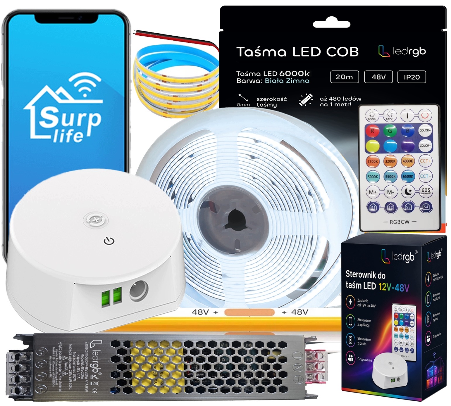 Sada Led pásků Cob 48V 20 m 480 diod 6000K Bílá Ovladač Dálkový Ovladač Napájecí Zdroj