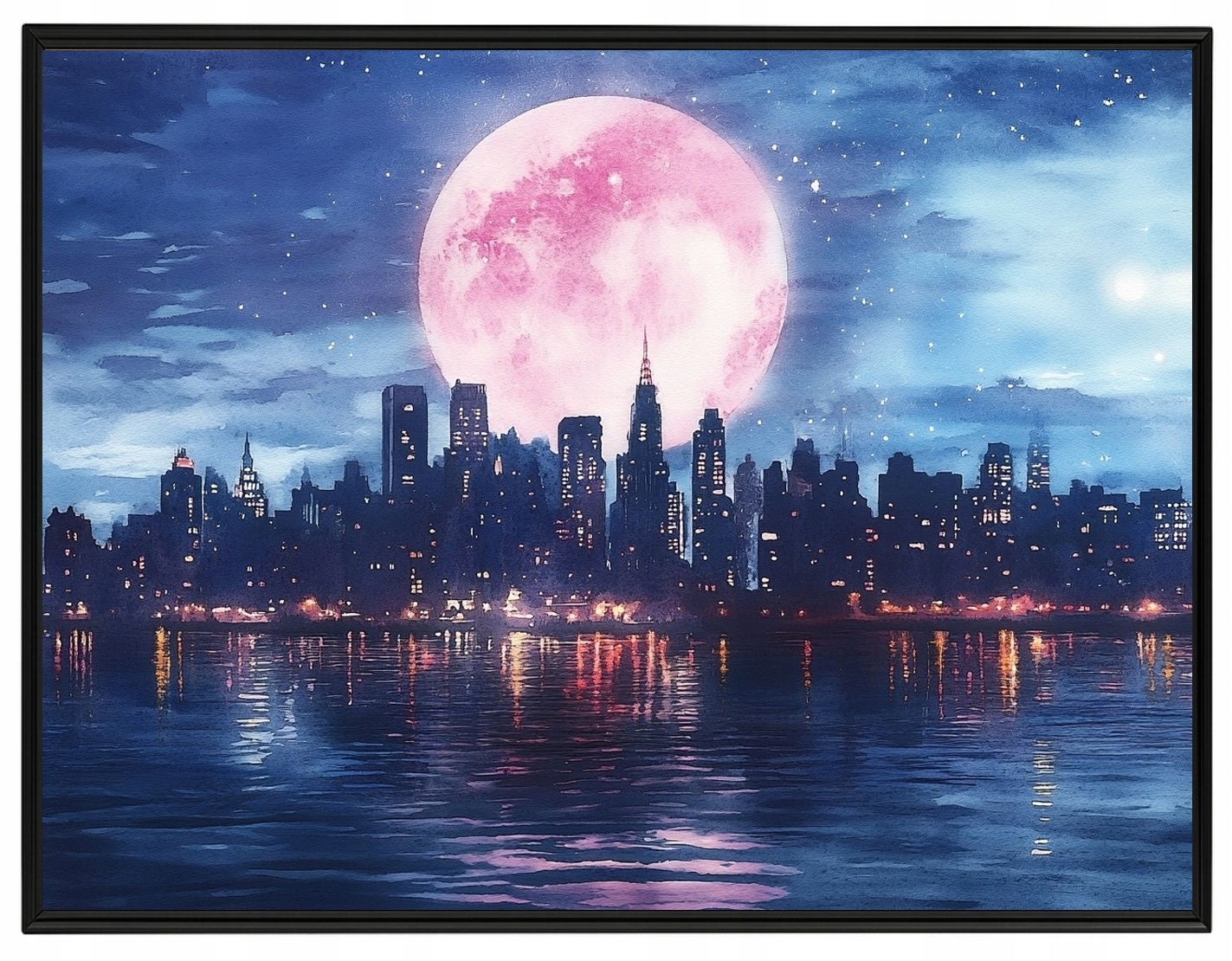 Plakát Rámeček Aluminium Město Panorama Mrakodrapy Řeka Noc Měsíc 80x60