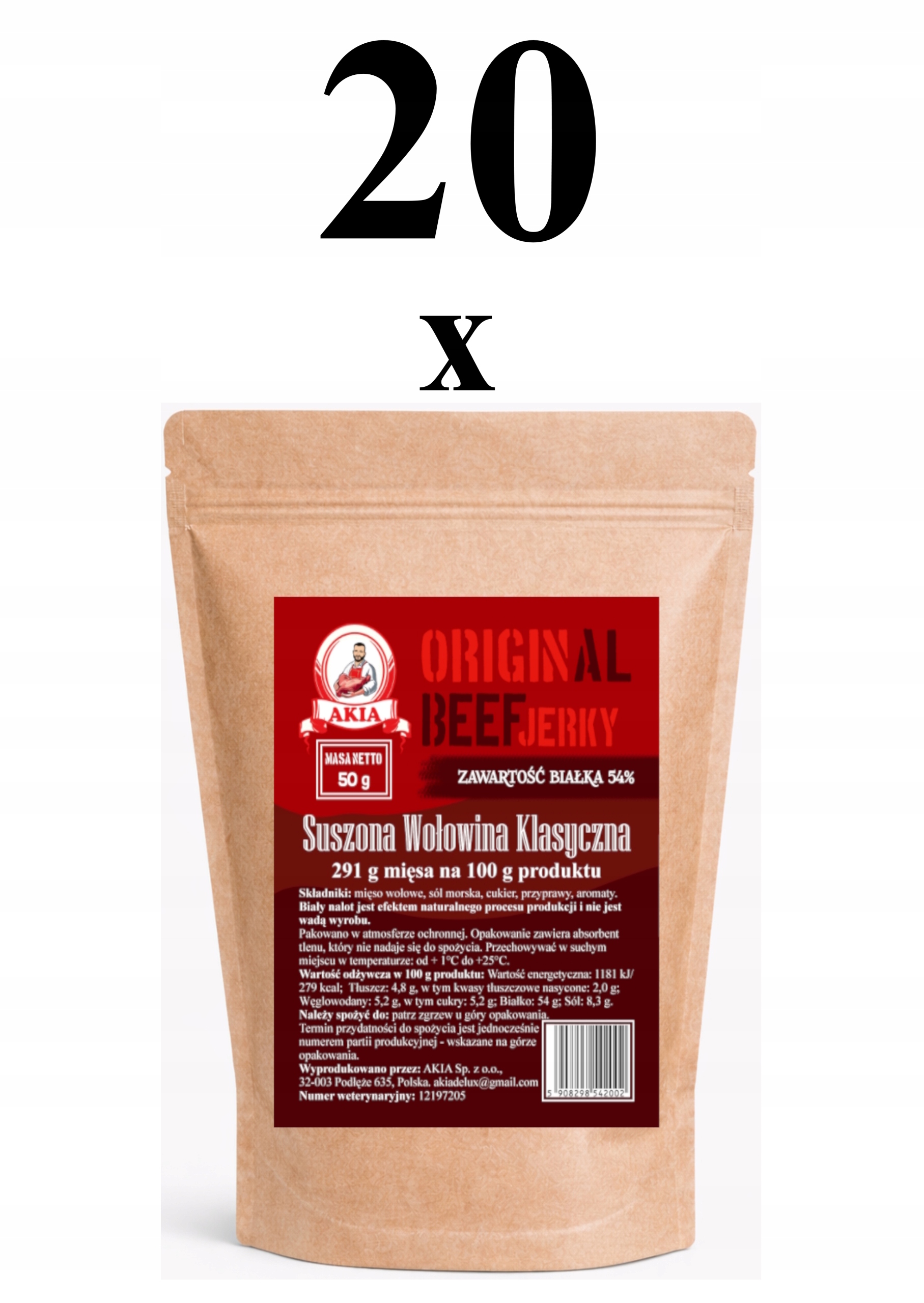 Levně Akia Beef Jerky, sušené maso, sušené klasické hovězí maso 20 kusů x 50 g