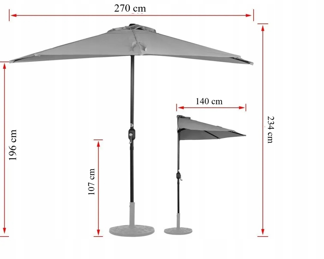 PARASOL balkonowy PÓŁPARASOL ogrodowy TARAS półokrągły 2,7m beżowy PREMIUM