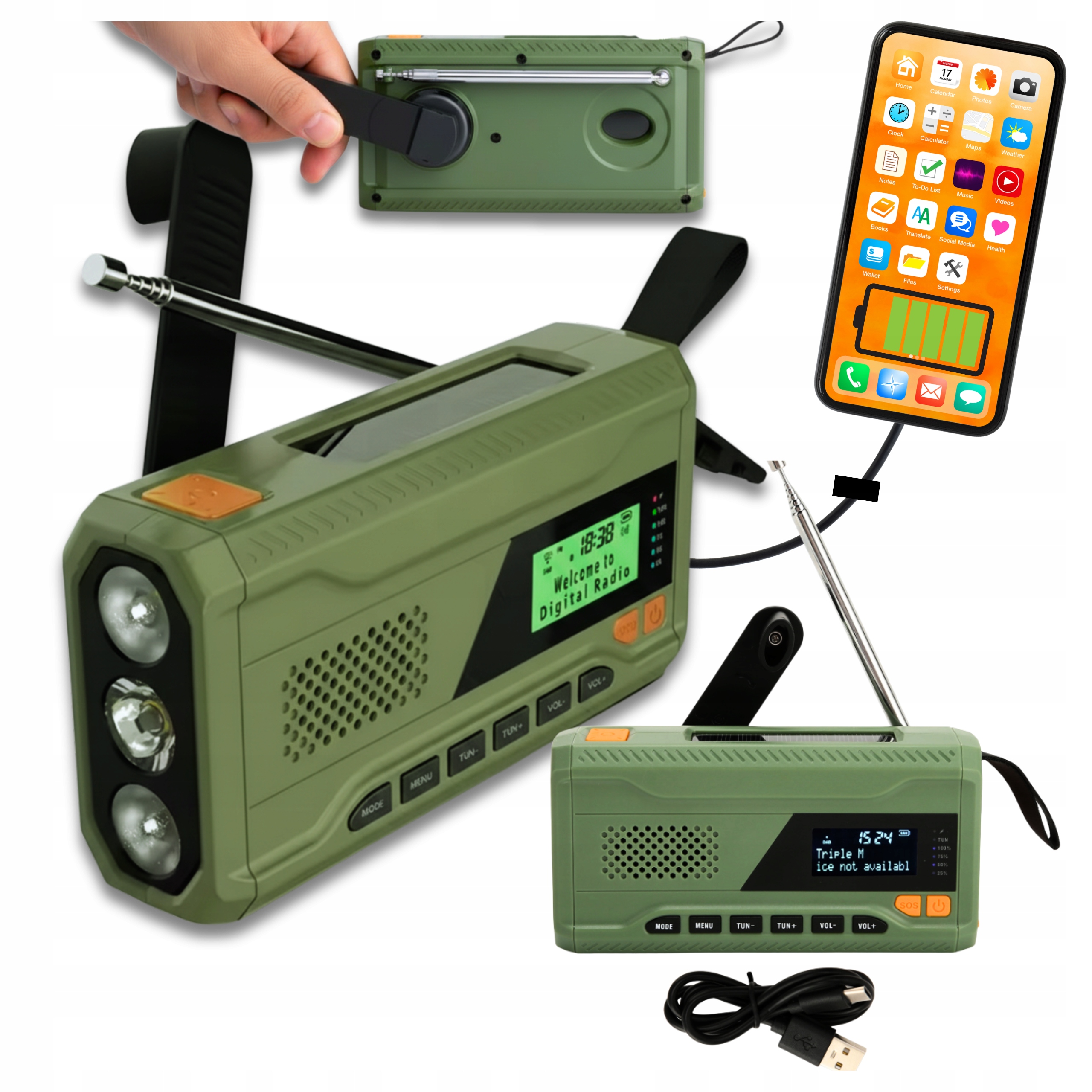 Przenośne Radio Solarne Radio Alarmowe Korbka Dynamo Latarka Powerbank Sos