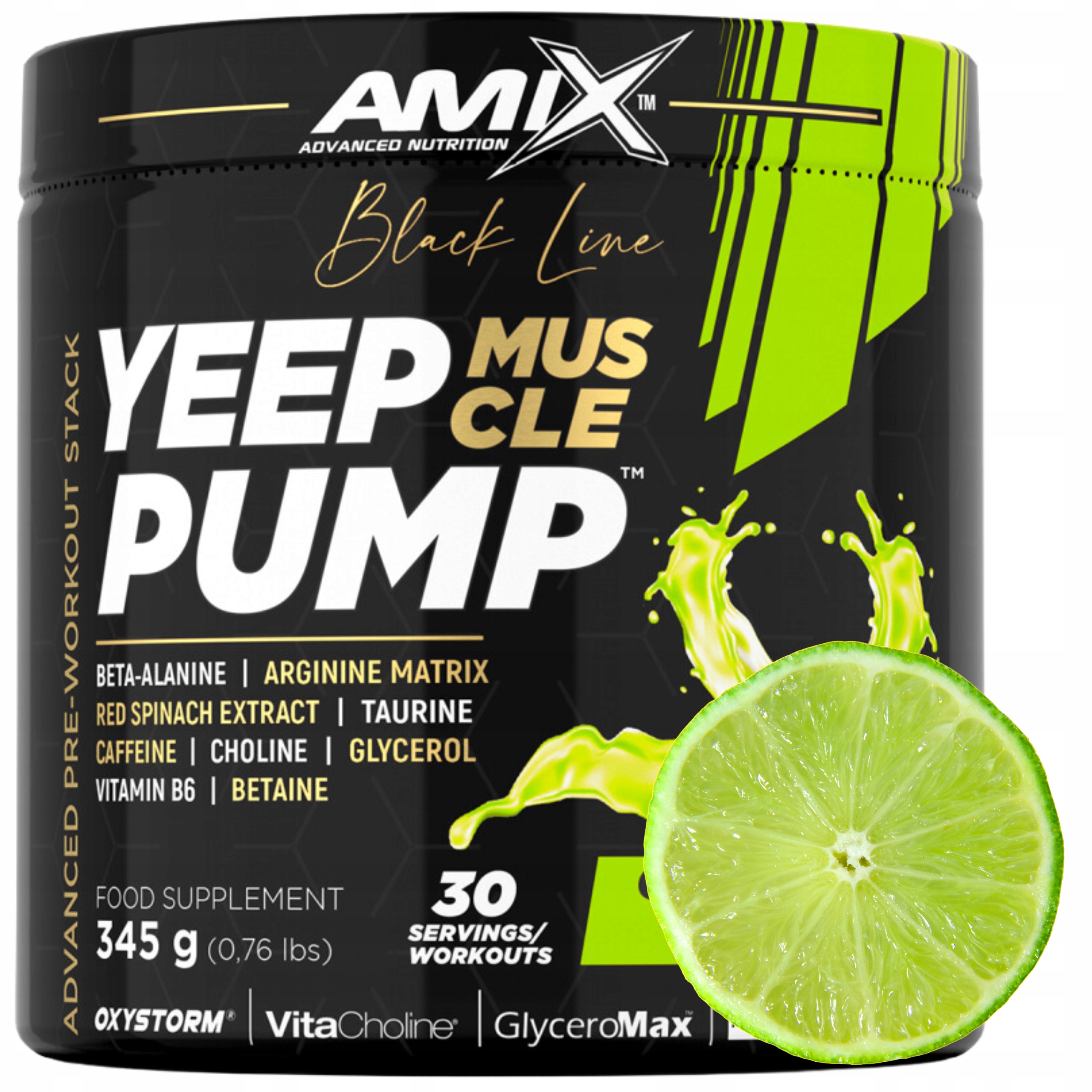 Amix Yeep Pump Svalová pumpa Kofein Stimulace Síla Pevnost Limetka