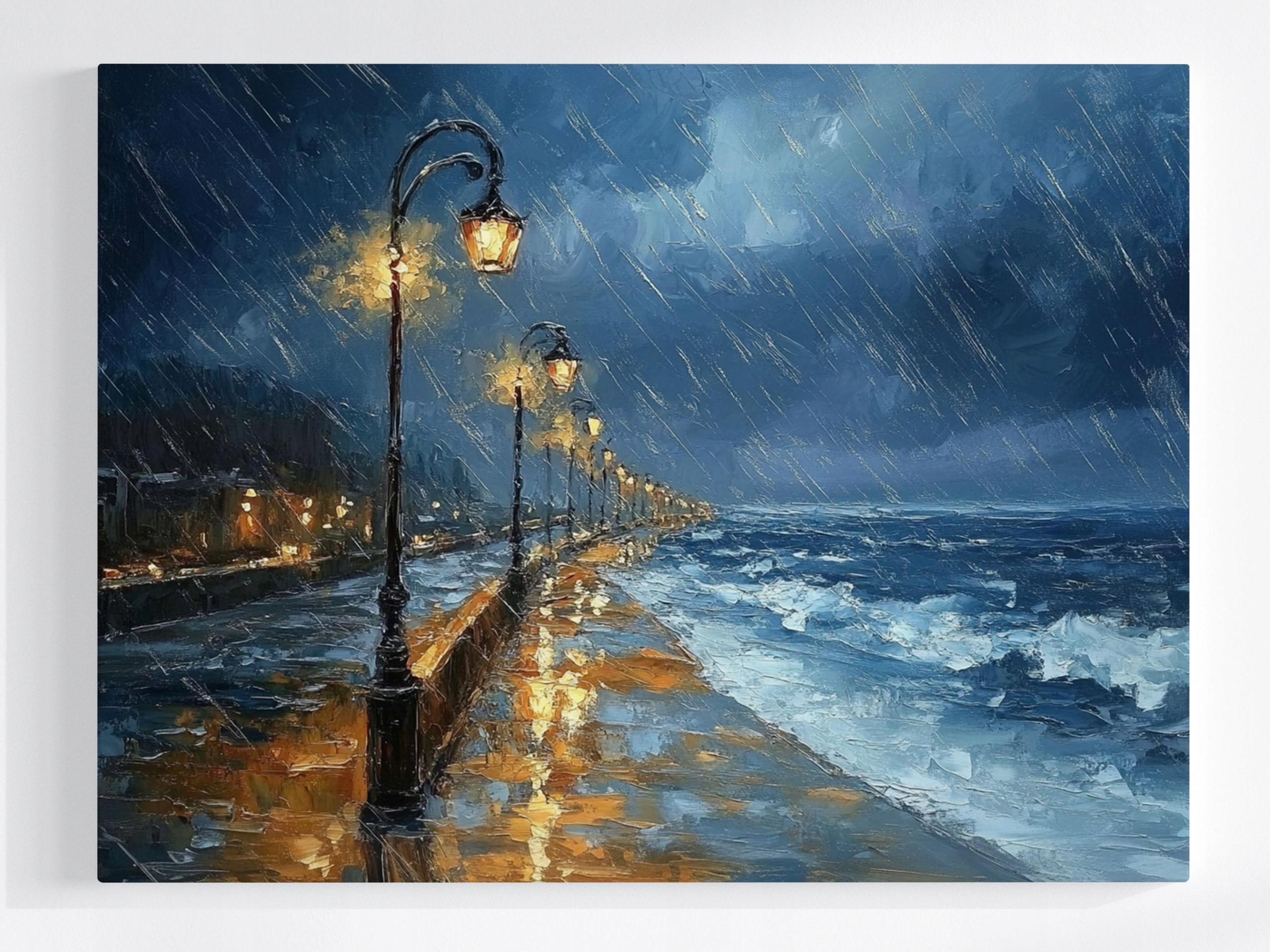 Obraz Na Plátně Canvas Moře Pláž Promenáda Déšť Bouře Vlny Noc 100x75