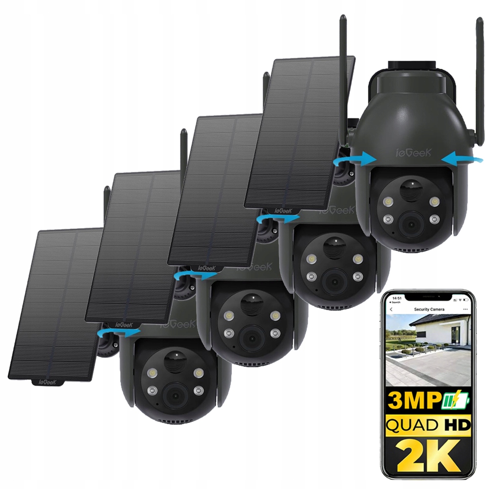 4 kusy Solární otočná kamera 4x Zoom 2K detekce těla Pir Otočná