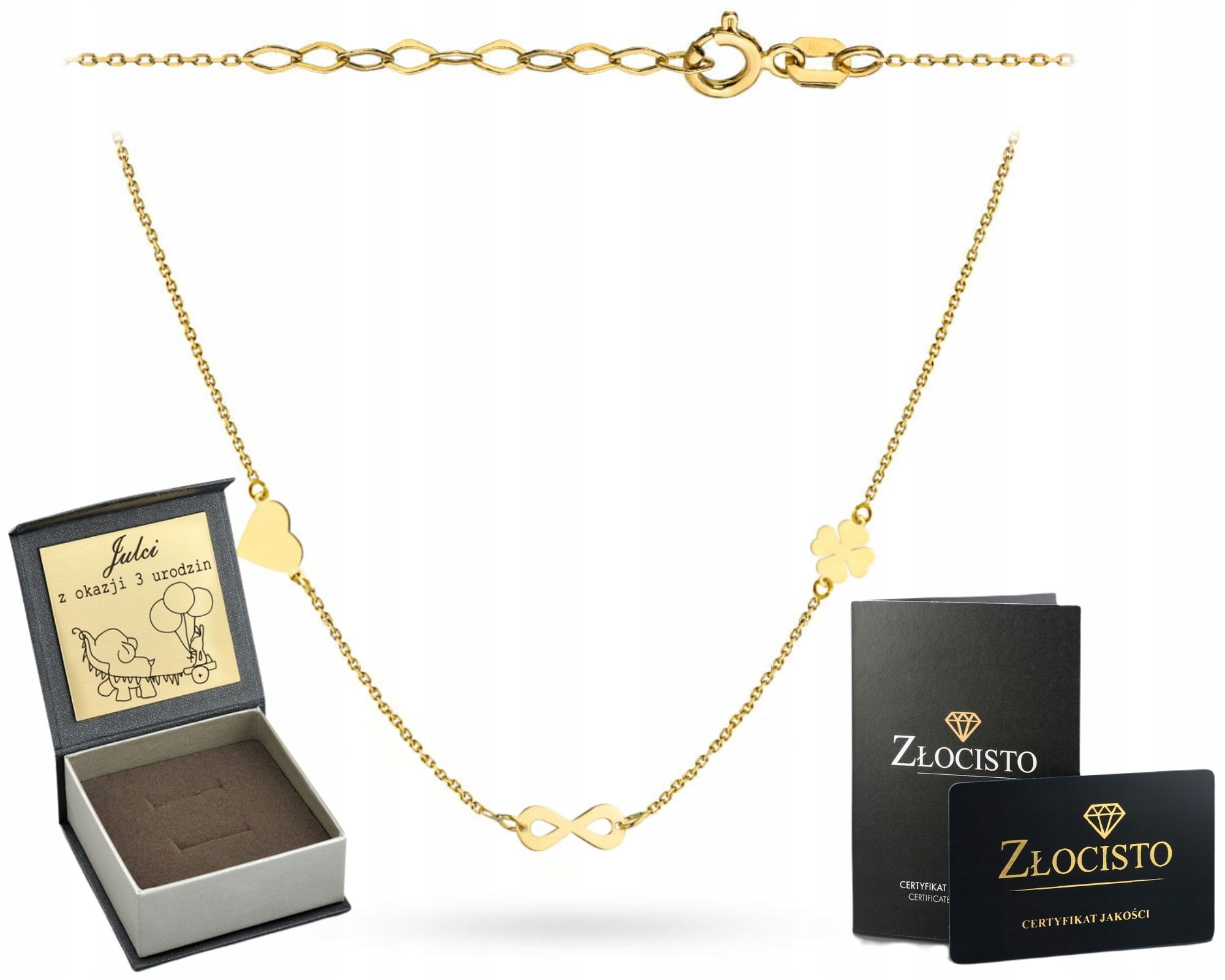 Zlatý Náhrdelník Celebrity Nekonečno Čtyřlístek 585 14K Dárek Gravírování