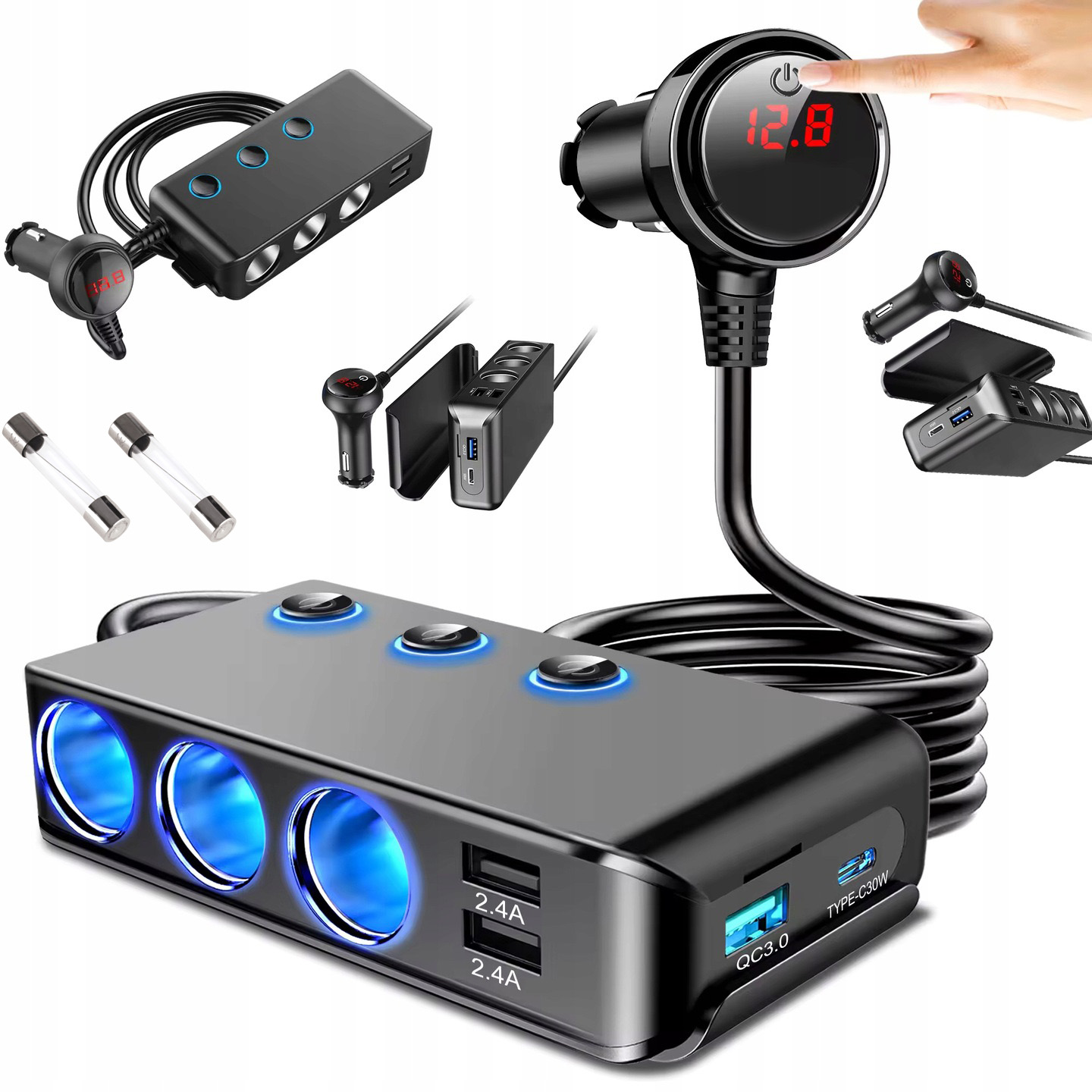 Rozbočovač Zásuvky Zapalovače 12-24V 3xUSB Ubs-c Pd Nabíječka