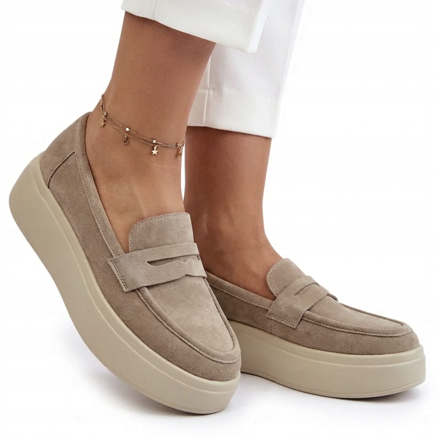 Beżowe Mokasyny Półbuty Na Wyższej Podeszwie NS603 Skóra Naturalna 41