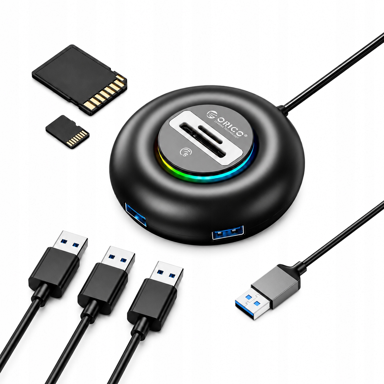 Hub Usb Orico YXR4 Rgb 4- portowy Usb- A 3. 0 z czytnikiem Sd i microSD m
