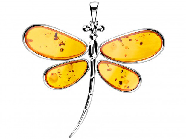 Velký přívěsek Stříbrná vážka 7 cm Stříbrný přívěsek 925 Přívěsek s jantarem