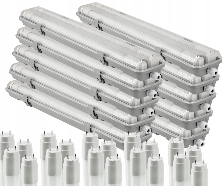 Sada 10x Hermetické svietidlo +10x žiarivky 2x9 Led Lampa do garáže 65 cm