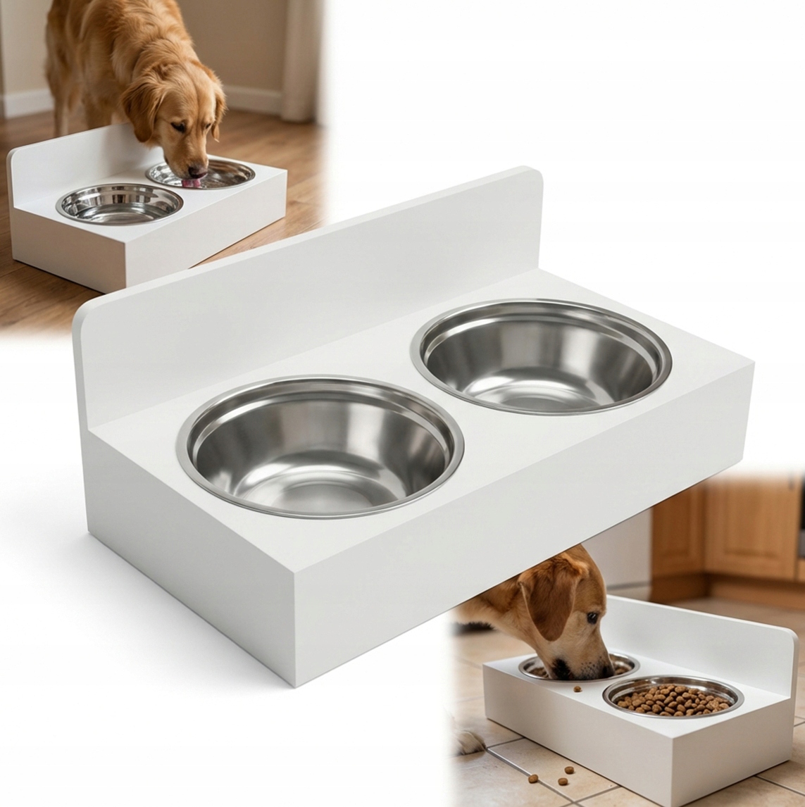 Levně Stojan s Miskami podstavec dvojitý pro psa dřevěný Bílý na vodu krmivo