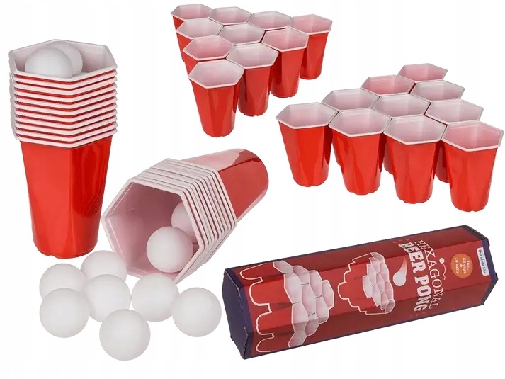 Gra Imprezowa Beer Pong Sześciokątna Zestaw 22 Kubki 15 Piłeczek