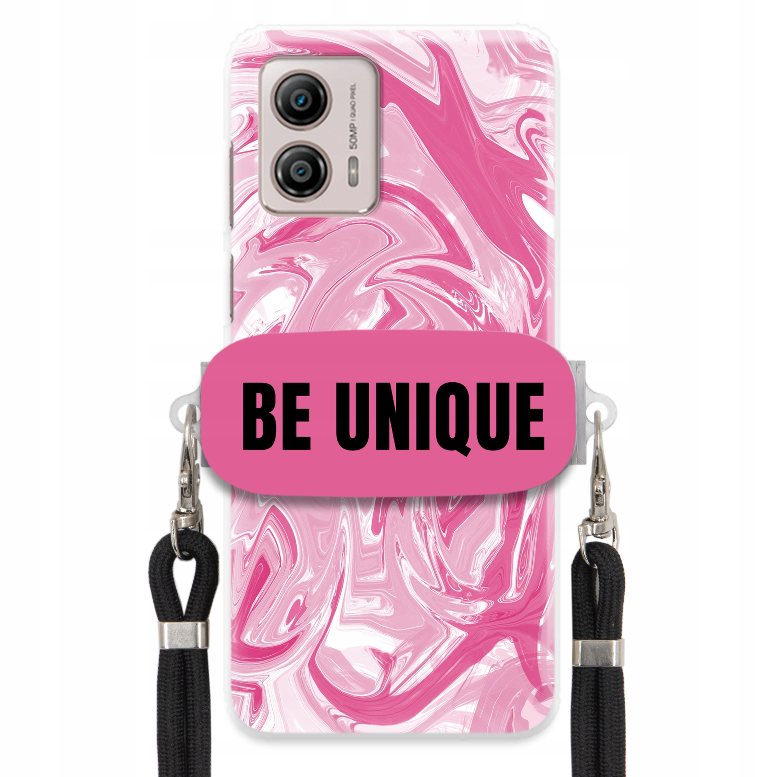 Puzdro pre Motorola G53 držiak na šnúrku Čierna Ružová Mramor Be Unique