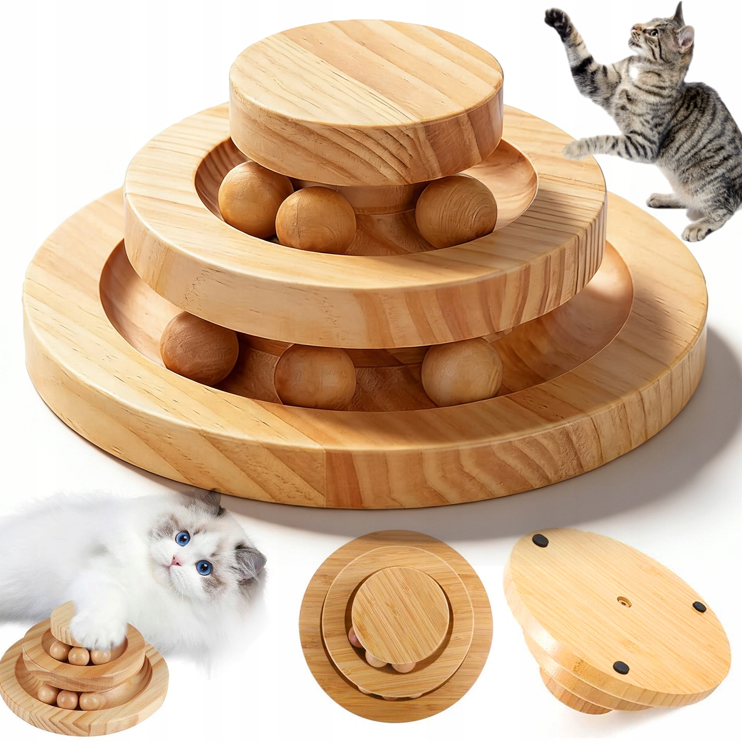 Levně 3-ÚROVŇOVÁ Dřevěná Hračka Pro Kočky Interaktivní Gramofon