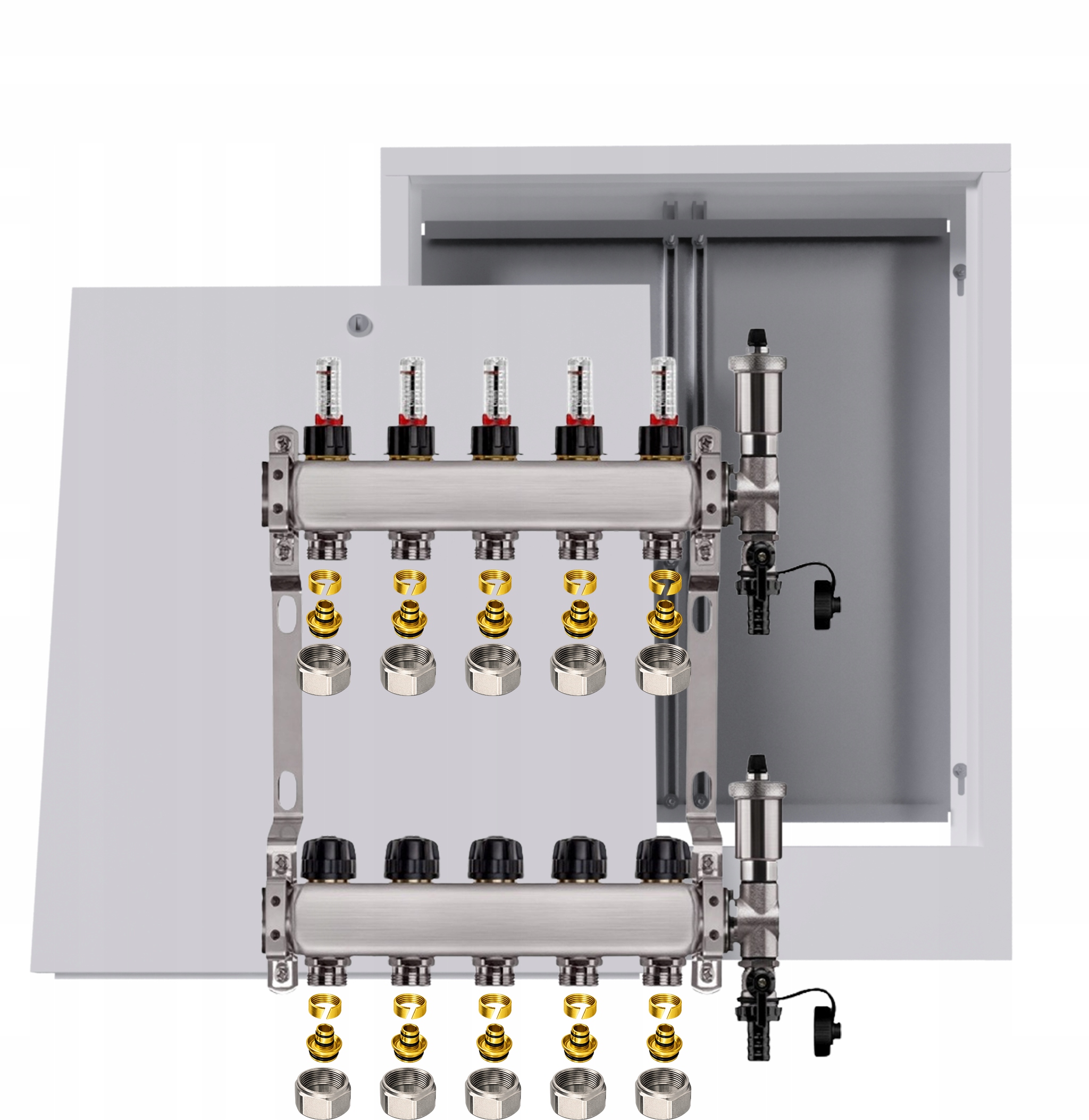 Nerezový rozdělovač pro podlahovku 5 okruhů s nástěnným boxem Pex