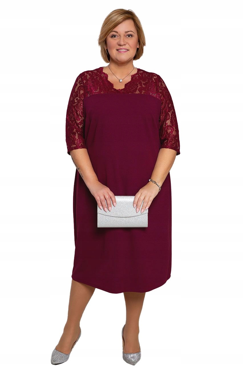 Bordowa sukienka z karczkiem w koronkę 58